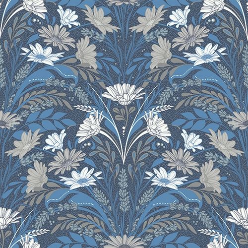 Sunnanö Värmdö, mörkblå/beige tapet med blommigt mönster i blå. Från kollektionen Sunnanö. Nonwoven-material med rak passning.