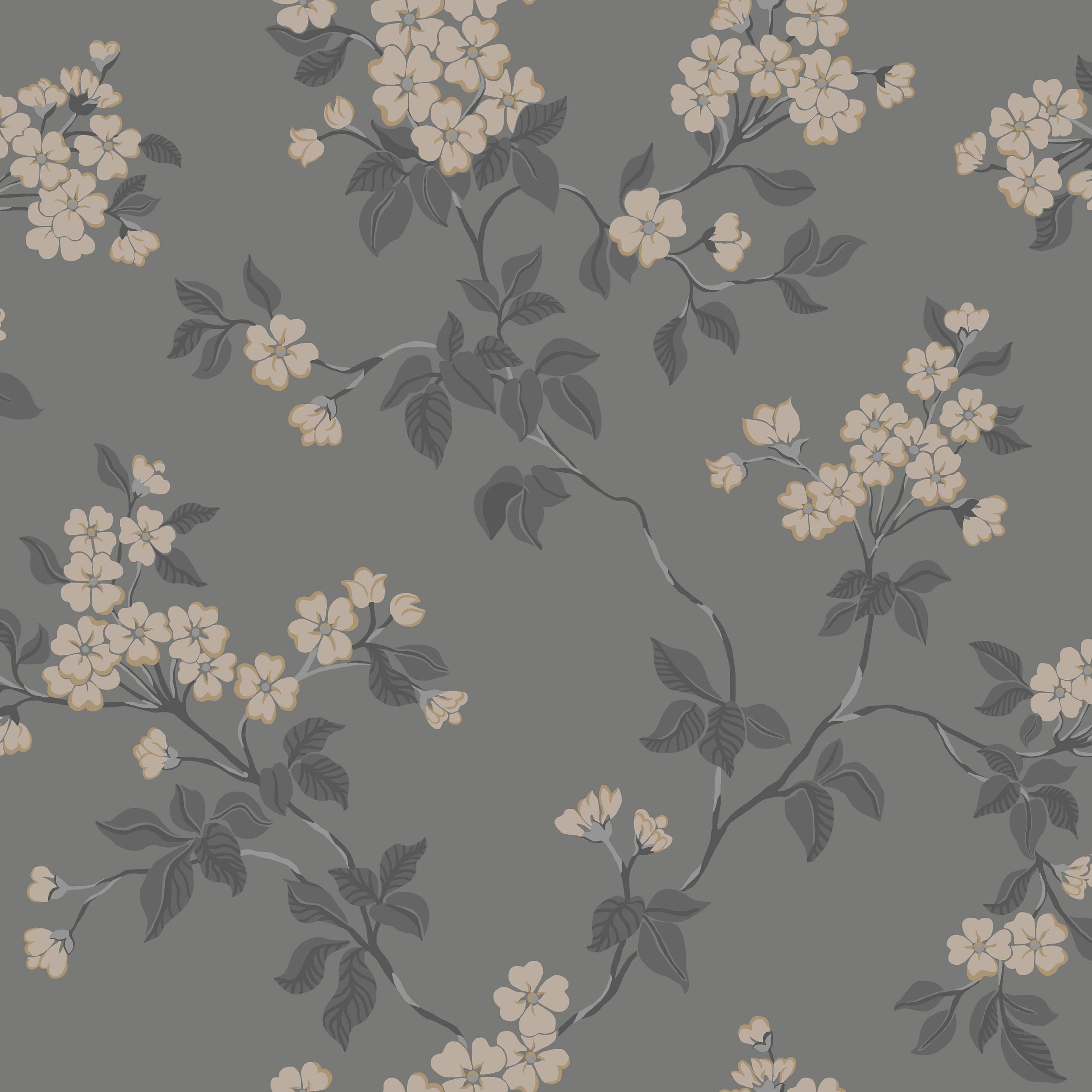 Karin, mörkgrå tapet med blommigt mönster i grå. Från kollektionen Blommor & Blad. Nonwoven-material med förskjuten passning.