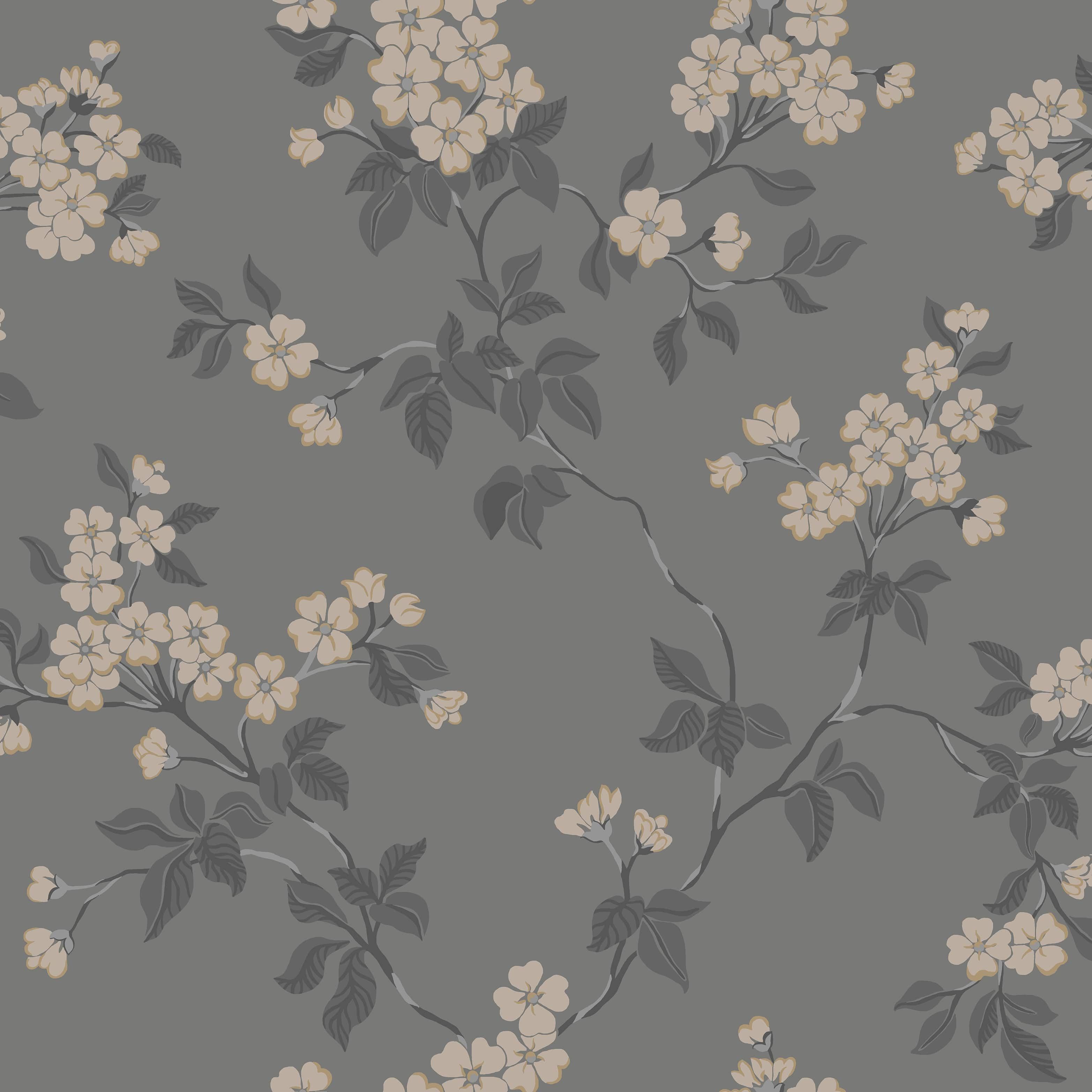 Karin, mörkgrå tapet med blommigt mönster i grå. Från kollektionen Blommor & Blad. Nonwoven-material med förskjuten passning.