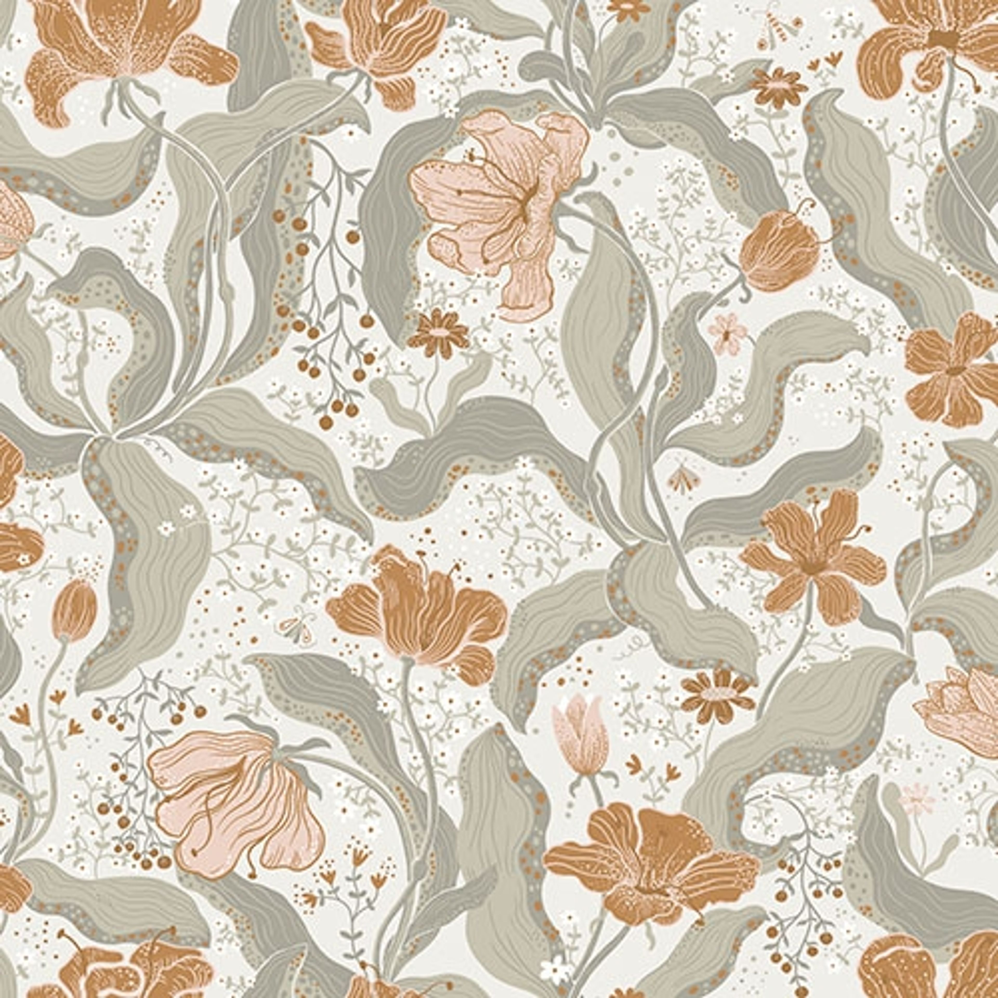 Bodri blommor och blad i grått och orange tapet med blommigt mönster i grå och orange. Från kollektionen Lina 2. Nonwoven-material med förskjuten passning.