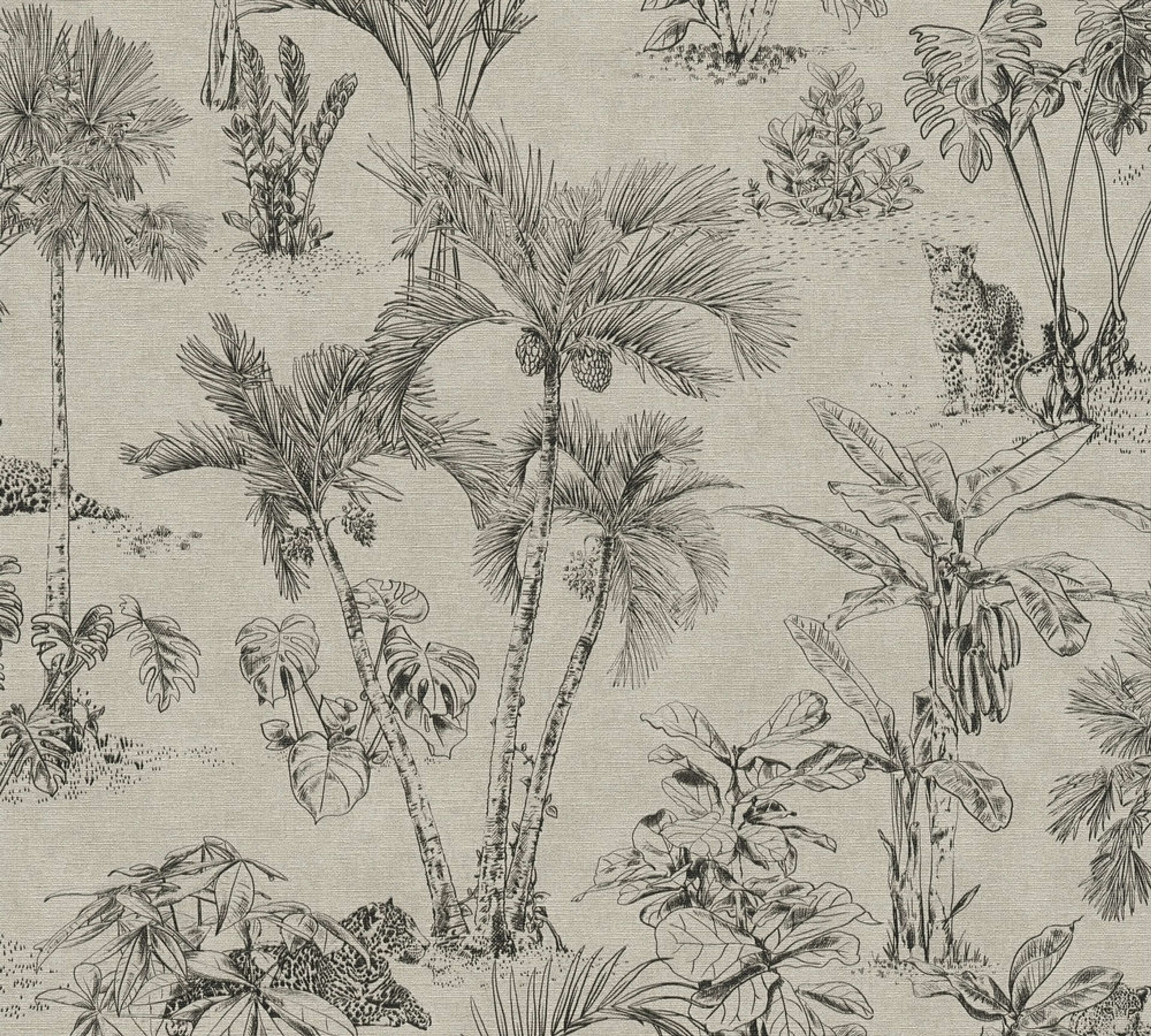 Aruba Palmtrees tapet med djur mönster i brun. Från kollektionen Aruba. Nonwoven-material med förskjuten passning. Passar i vardagsrum och matsal.