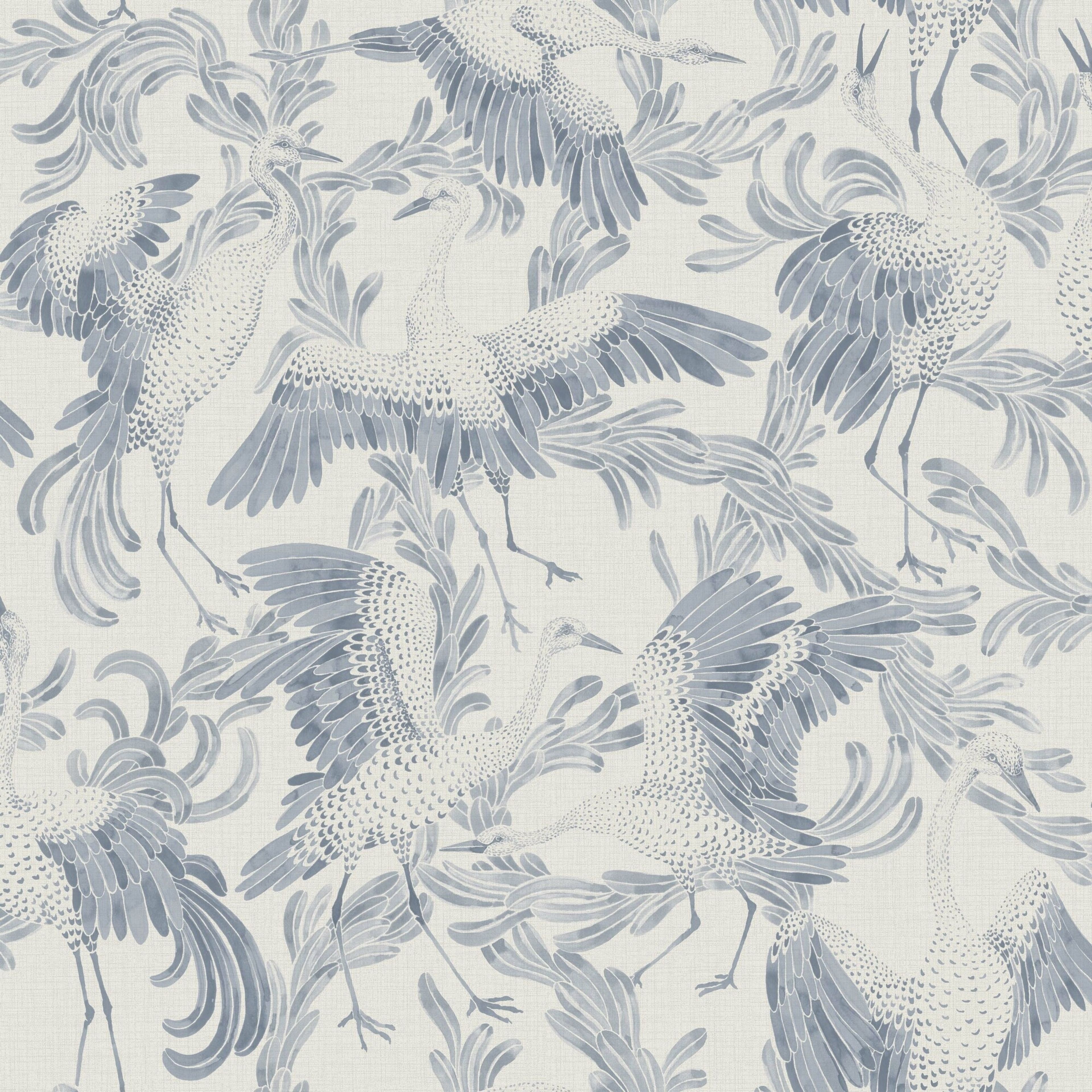 Dancing Crane, blekblå tapet från Boråstapeter med djur mönster i blå. Från kollektionen Eastern Simplicity. Nonwoven-material med förskjuten passning. Passar i vardagsrum, hall och arbetsrum.