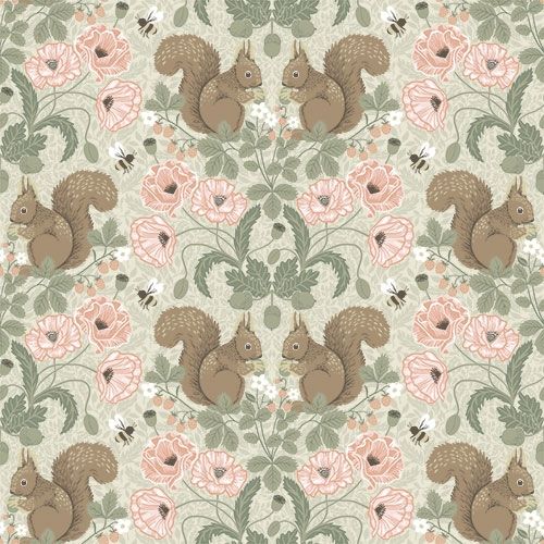 Kurre blommor och djur, ljusgrön tapet med blommigt mönster i grön och beige. Från kollektionen Grönhaga. Nonwoven-material med rak passning. Country-stil. Passar i barnrum.
