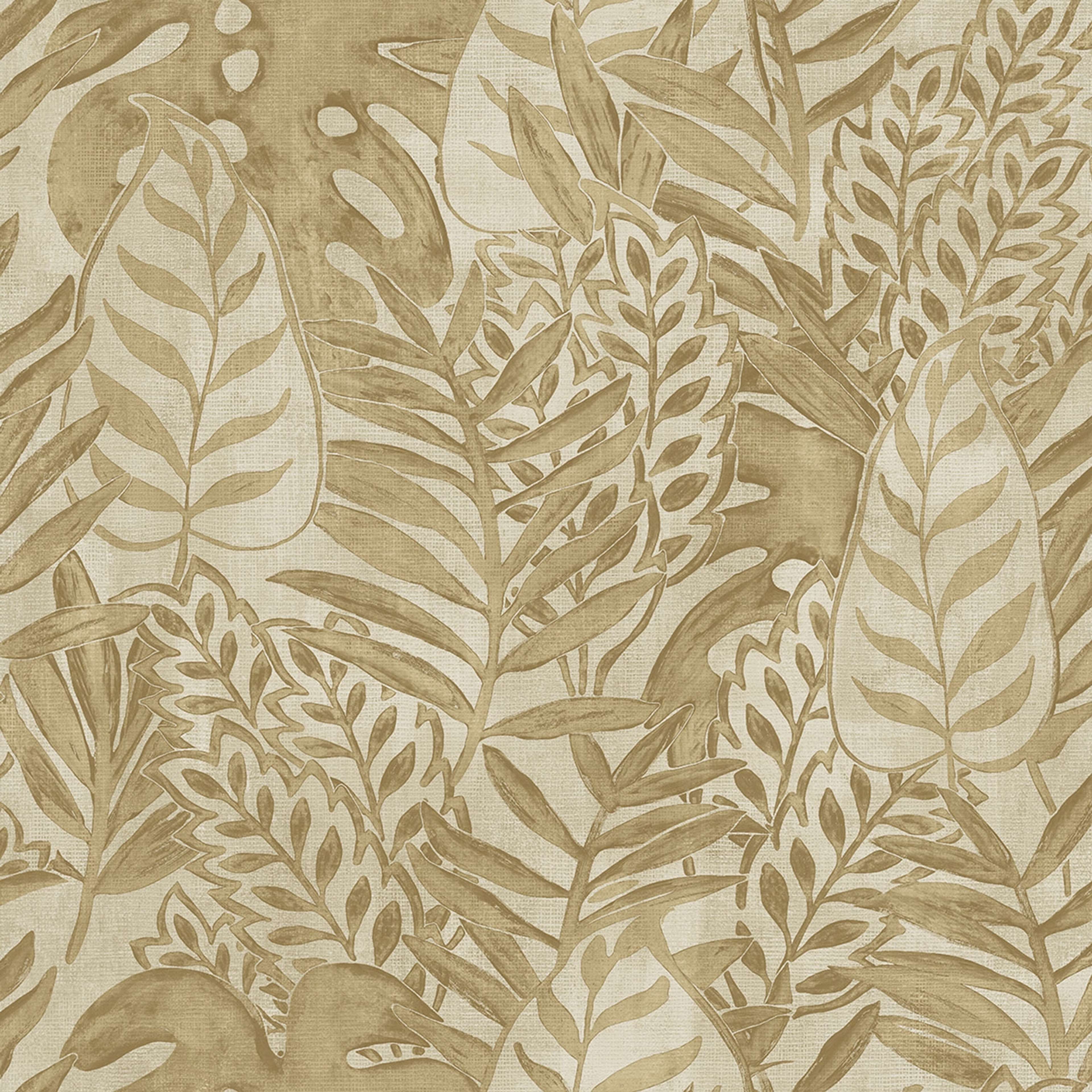Tropical Allover tapet med botaniskt mönster i beige. Från kollektionen Tahiti. Nonwoven-material med förskjuten passning. Passar i vardagsrum, matsal och hall.