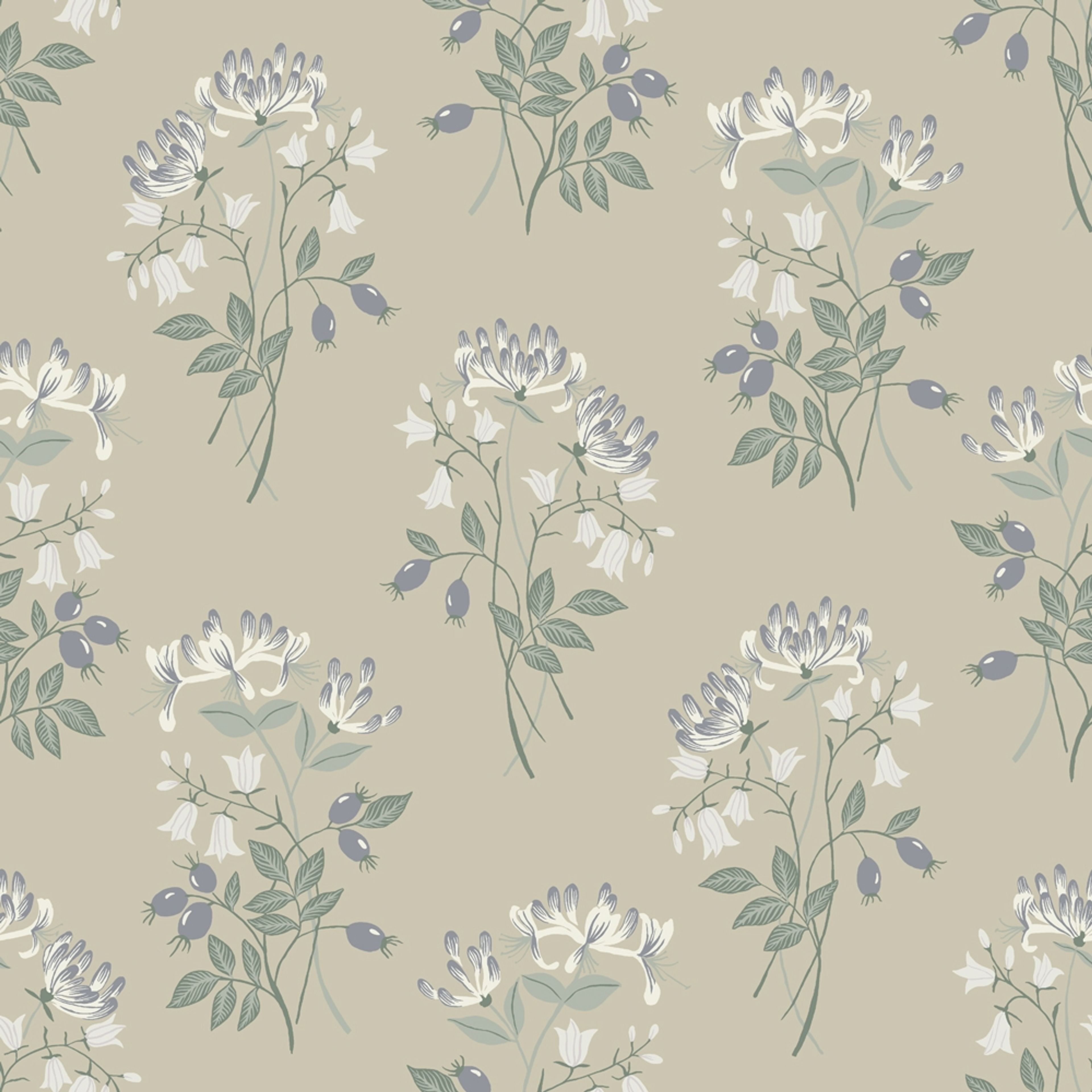 Kaprifol, grön tapet tapet med blommigt mönster i grön. Från kollektionen Långenäs. Nonwoven-material med rak passning.