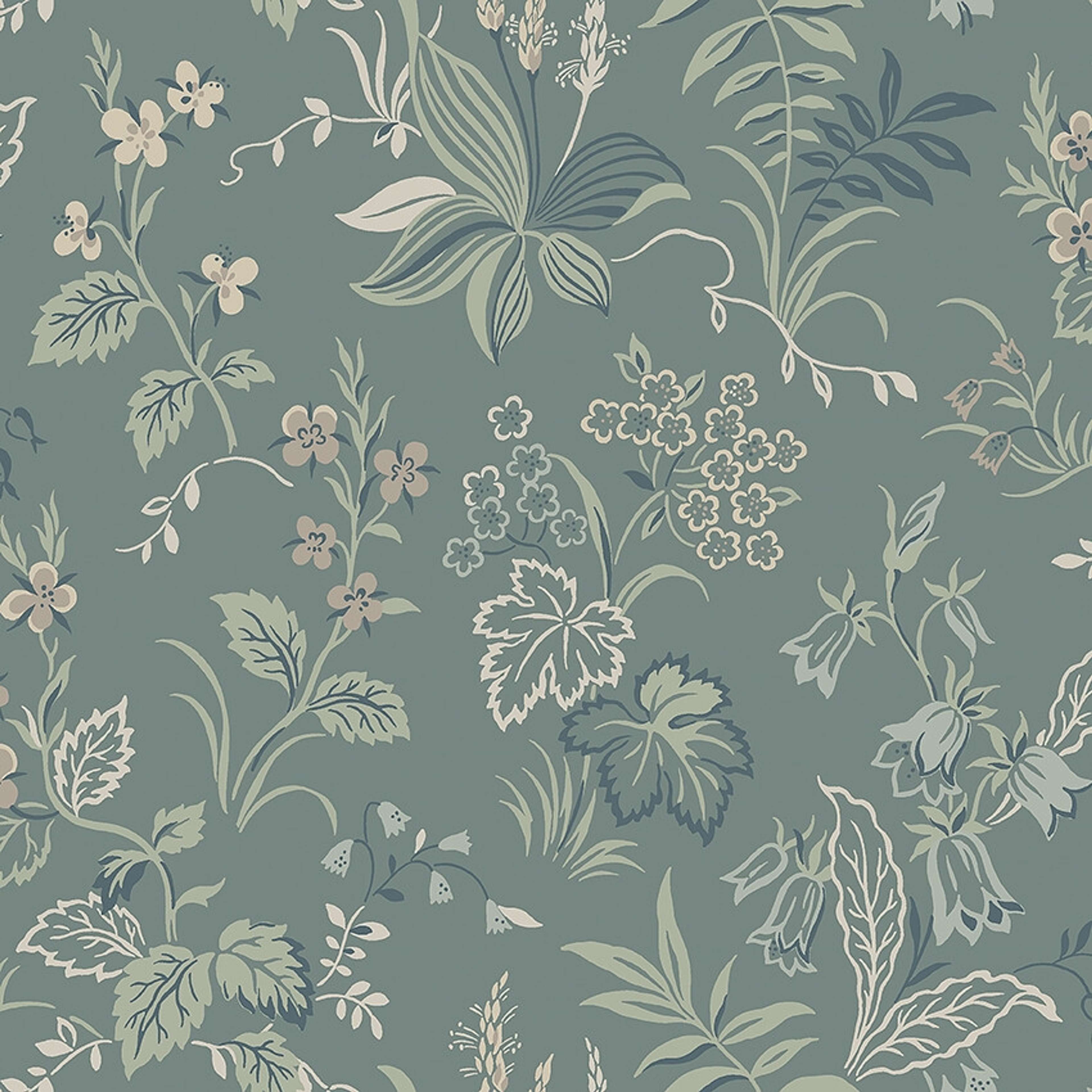 Folklore tapet med blommigt mönster i grön. Från kollektionen timeless traditions. Nonwoven-material med förskjuten passning.