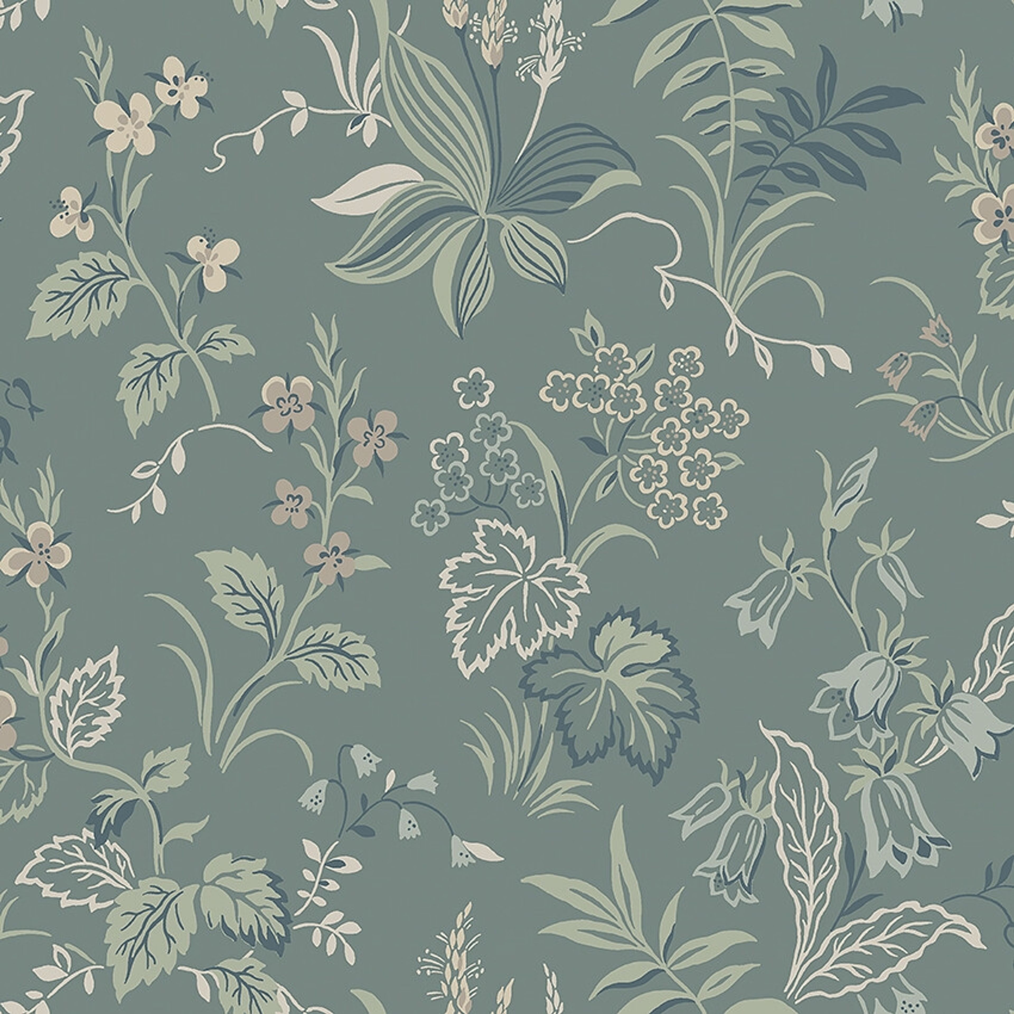 Folklore tapet med blommigt mönster i grön. Från kollektionen timeless traditions. Nonwoven-material med förskjuten passning.
