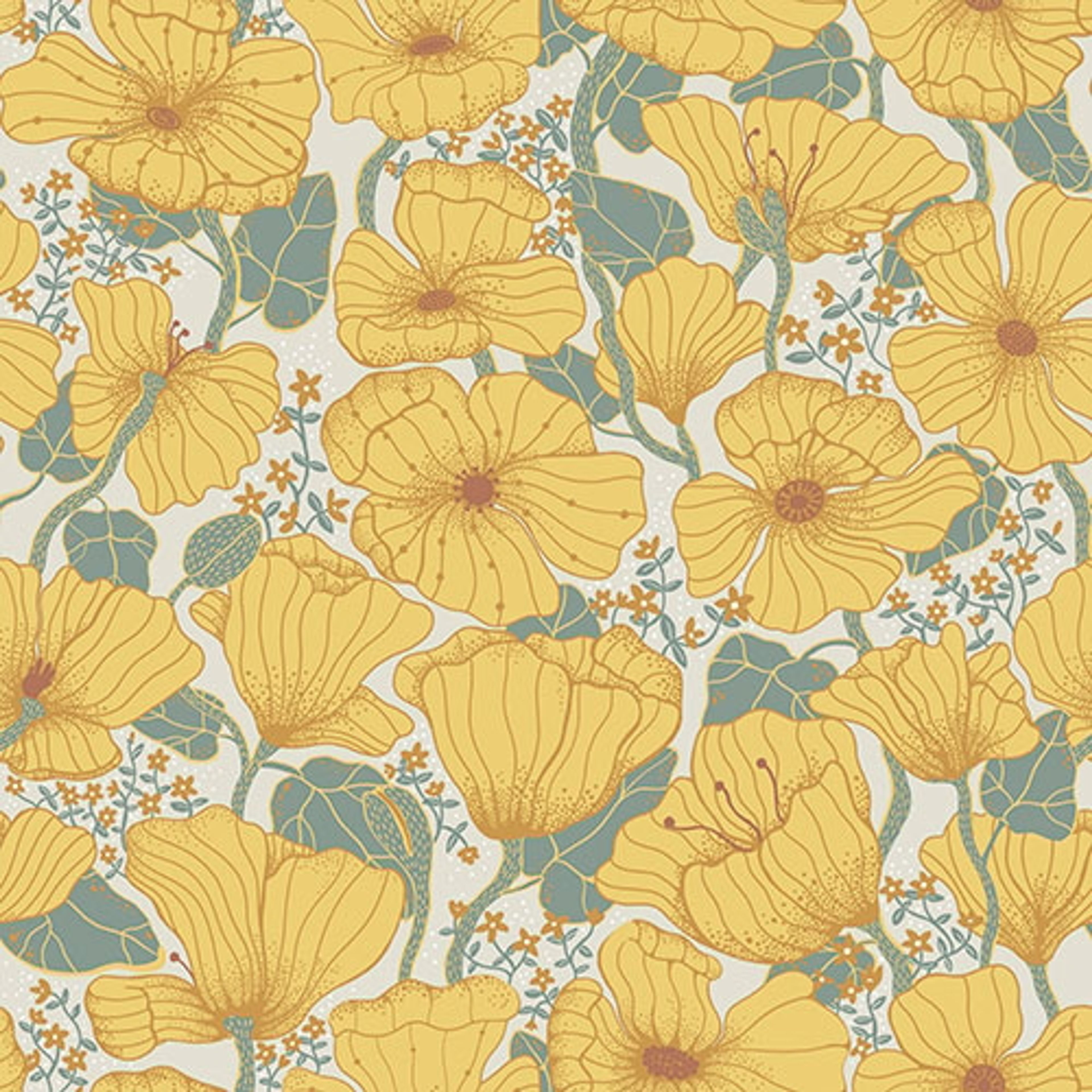 Matilda blommig tapet, gul tapet med botaniskt mönster i gul. Från kollektionen Lina 2. Nonwoven-material med rak passning. Lek, country-stil.