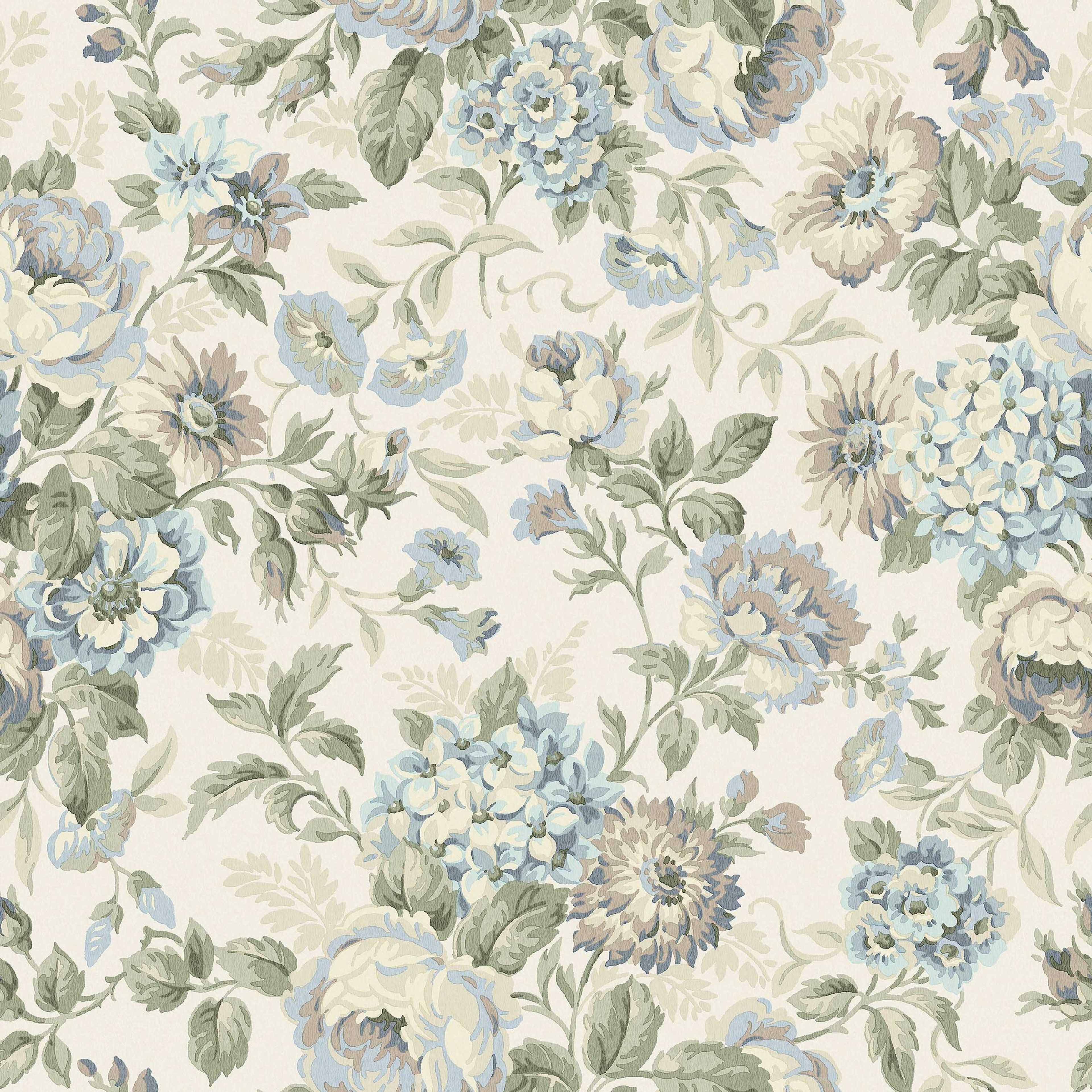 Hortensia blå, tapet tapet med botaniskt, blommigt mönster i blå. Från kollektionen Orangeri. Nonwoven-material med rak passning. Passar i sovrum.
