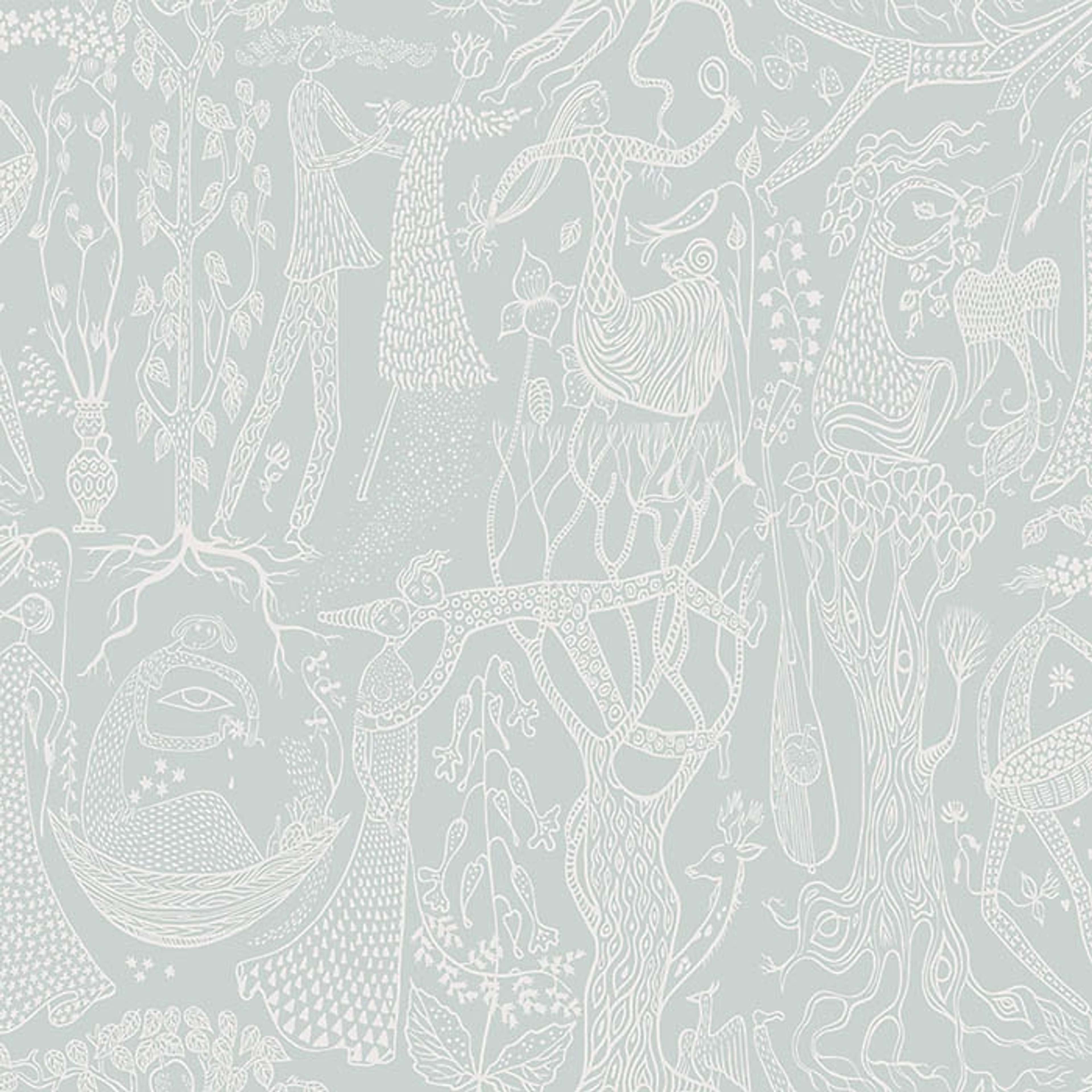 Poème d´amour, ljusgrön tapet från Boråstapeter med grafiskt, retro mönster i grå och grön. Från kollektionen Scandinavian Designers II. Nonwoven-material med förskjuten passning. Vintage, lek, city-stil.