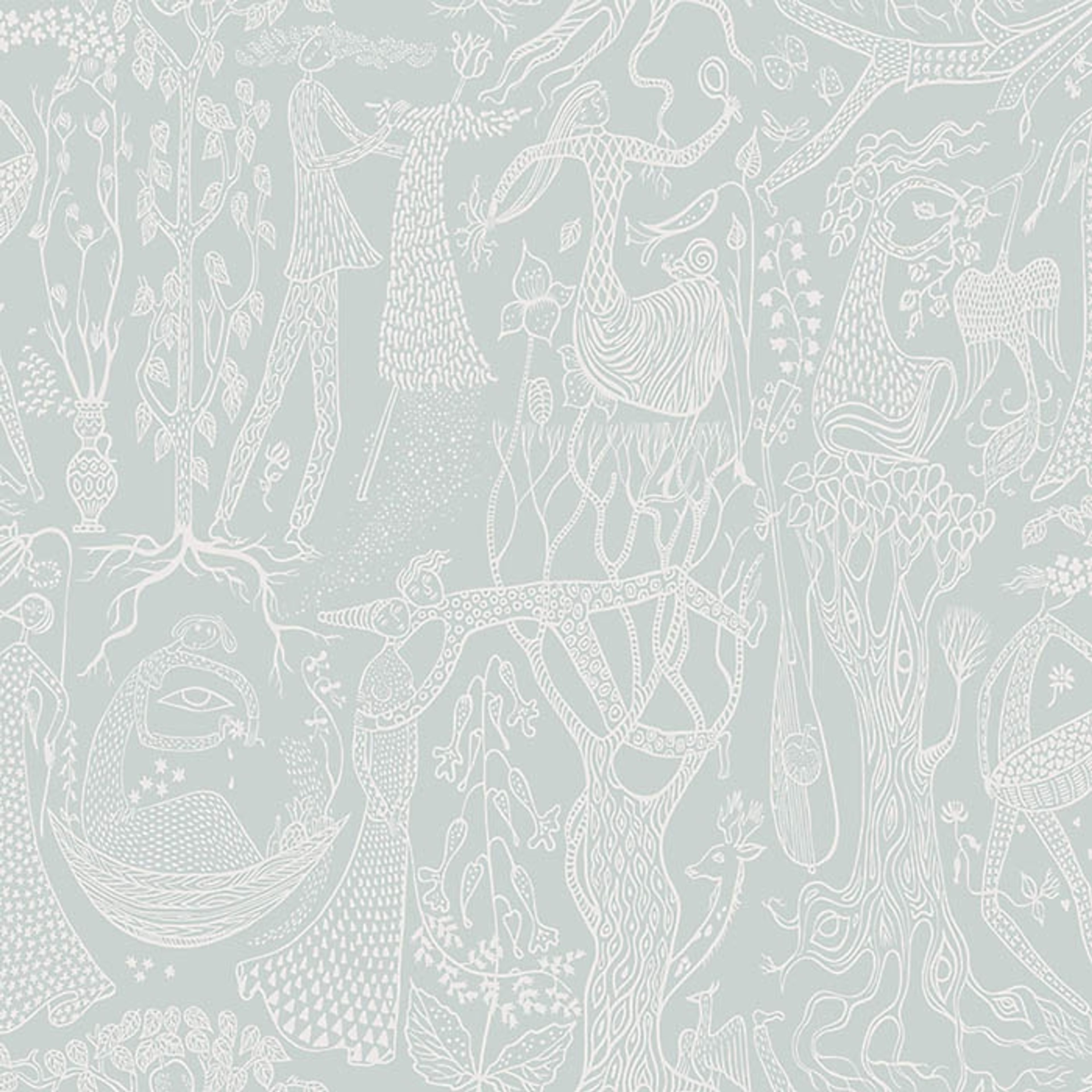 Poème d´amour, ljusgrön tapet från Boråstapeter med grafiskt, retro mönster i grå och grön. Från kollektionen Scandinavian Designers II. Nonwoven-material med förskjuten passning. Vintage, lek, city-stil.