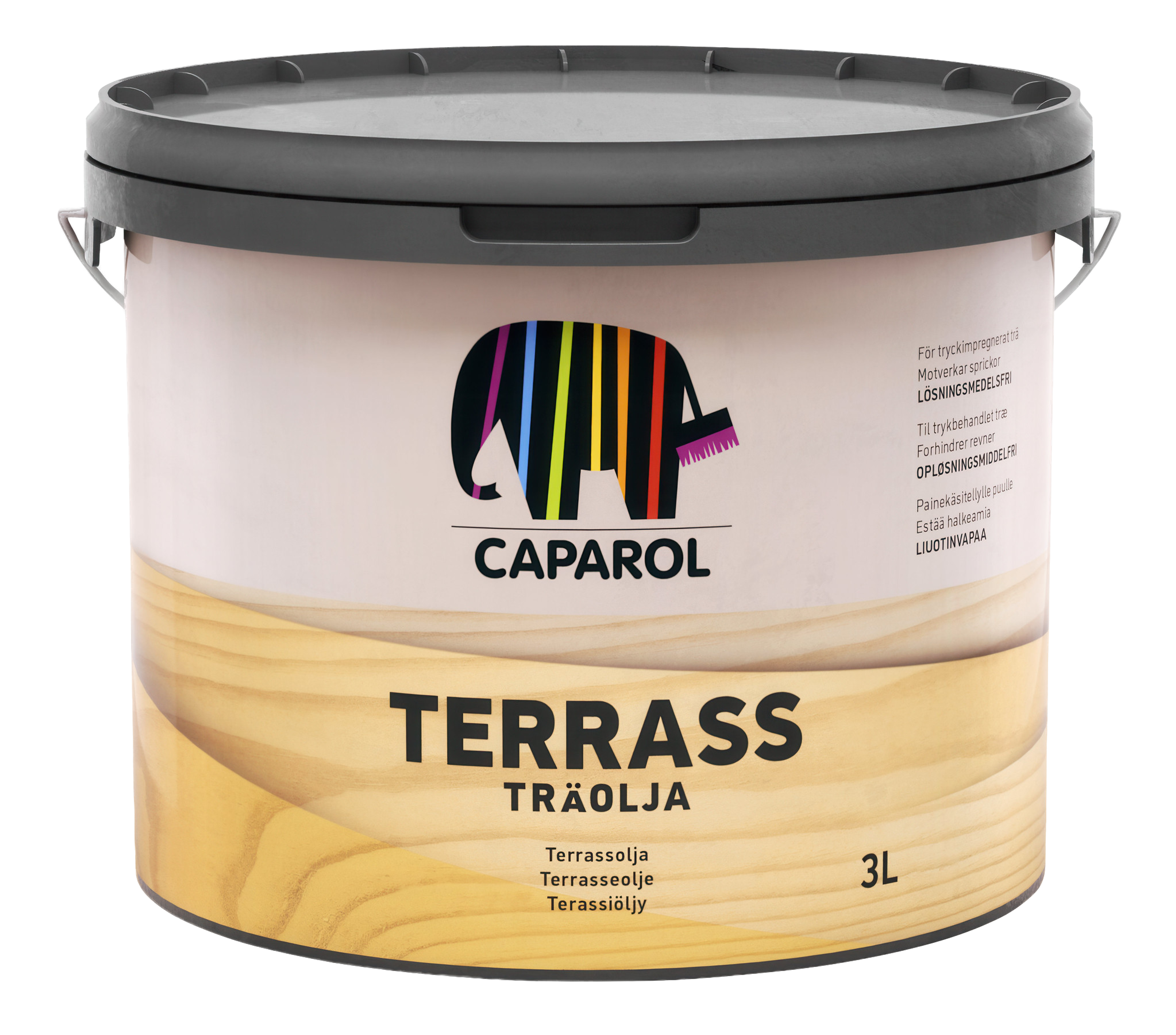 A 3-liter bucket of Caparol Terrass Träolja (Terrace Wood Oil) featuring an elephant logo.