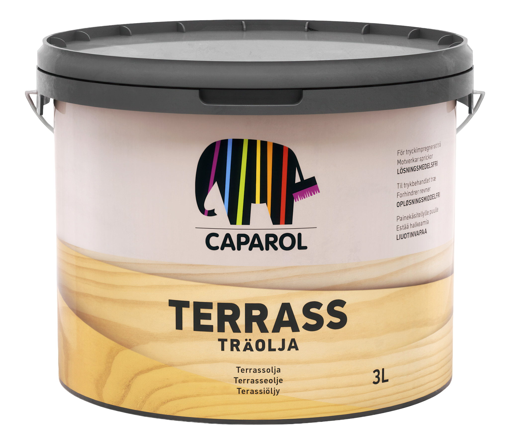 A 3-liter bucket of Caparol Terrass Träolja (Terrace Wood Oil) featuring an elephant logo.