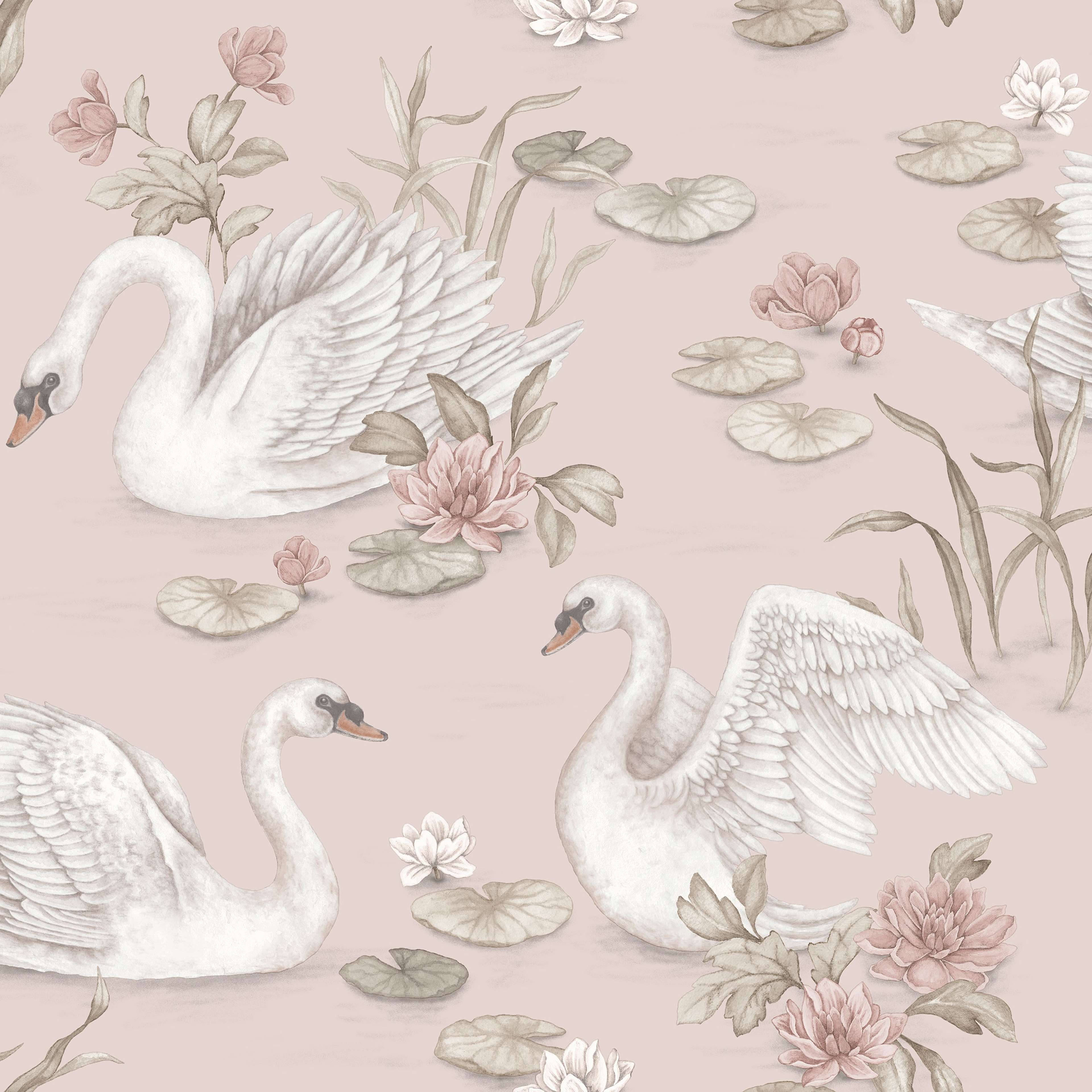 Lily Swan rosa, tapet tapet med djur, blommigt mönster i rosa. Från kollektionen Newbie II Wallpaper. Nonwoven-material med förskjuten passning. Passar i sovrum.