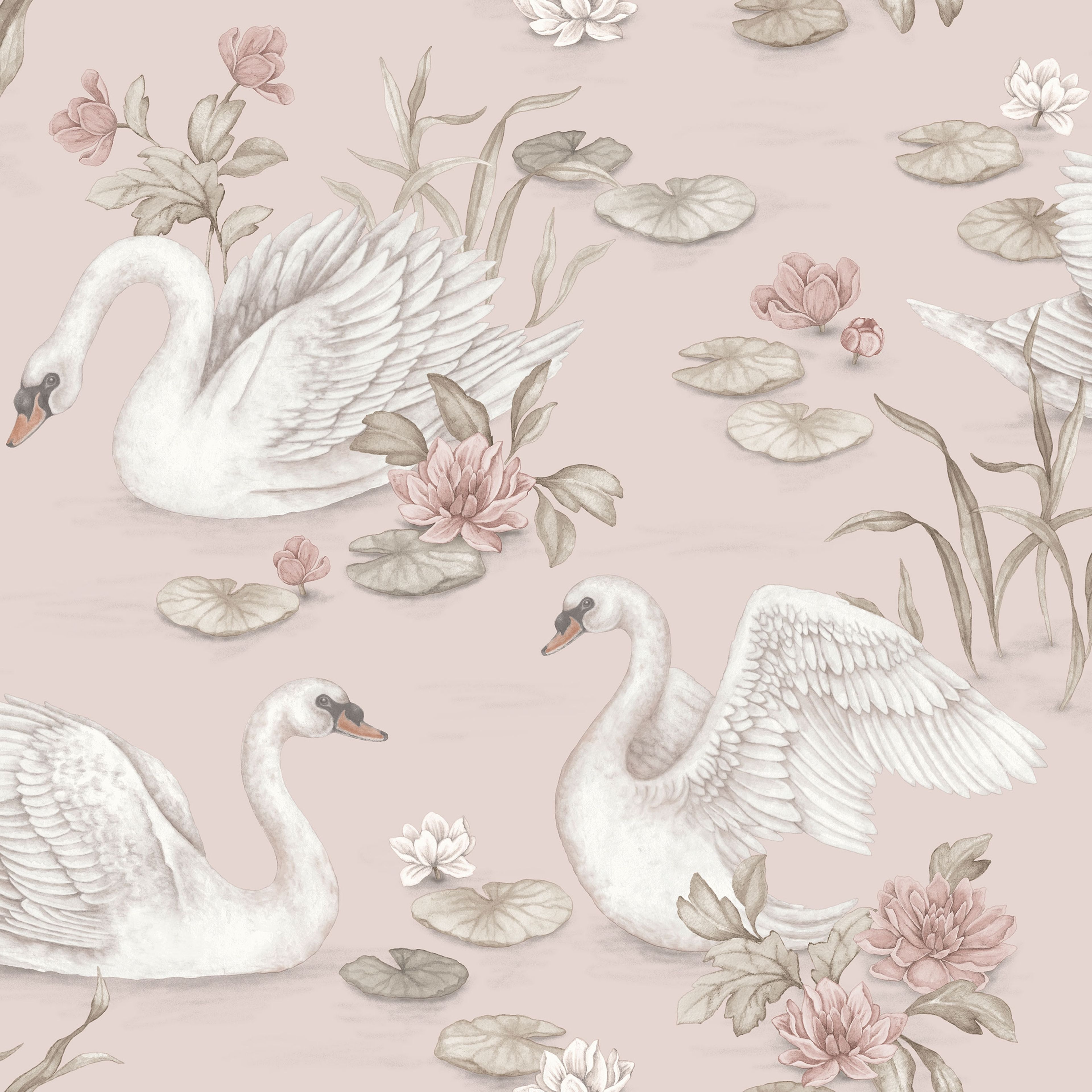 Lily Swan rosa, tapet tapet med djur, blommigt mönster i rosa. Från kollektionen Newbie II Wallpaper. Nonwoven-material med förskjuten passning. Passar i sovrum.