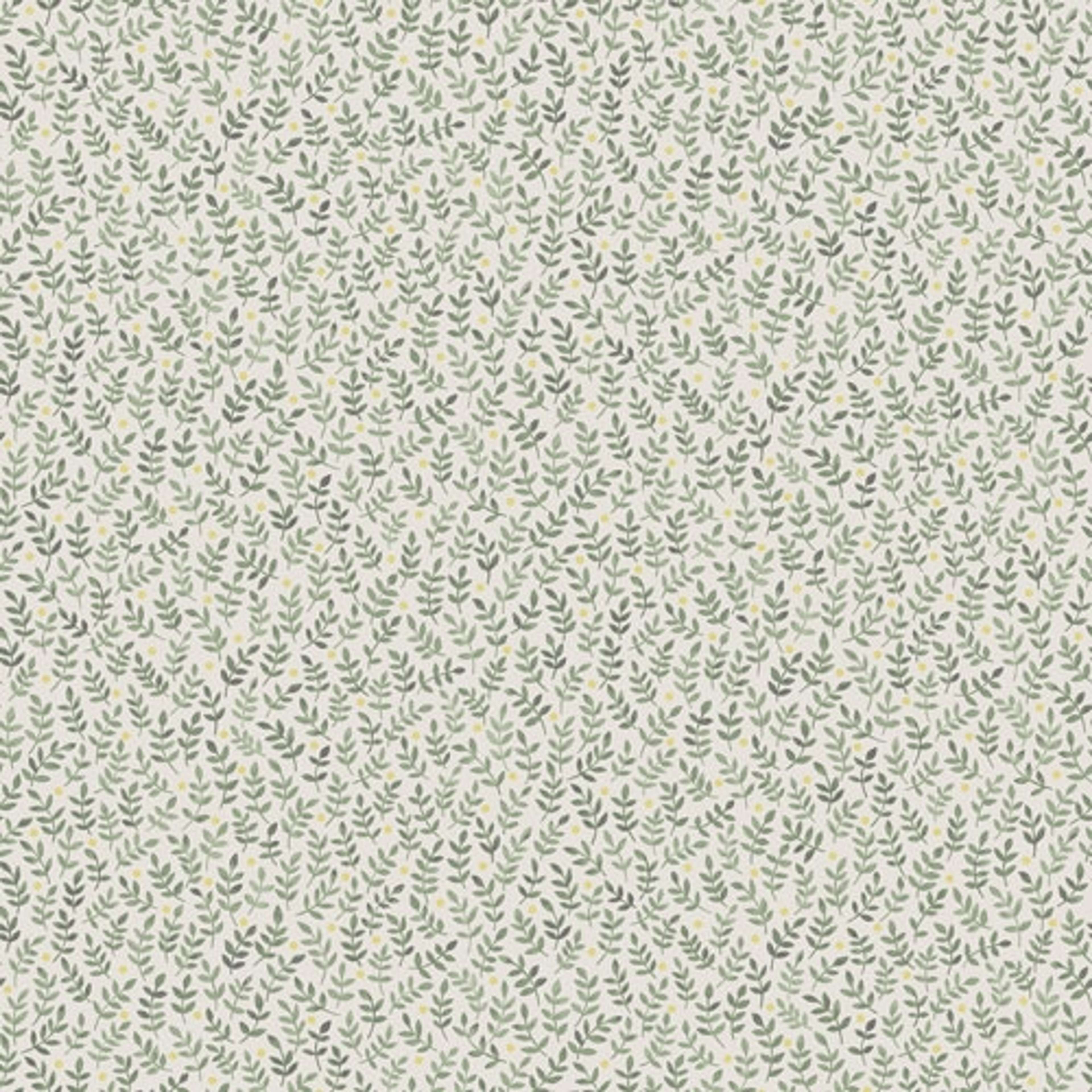 Junis ljus tapet med små blad i grönt tapet från Midbec med botaniskt mönster i vit och grön. Från kollektionen Morgongåva. Nonwoven-material med rak passning.