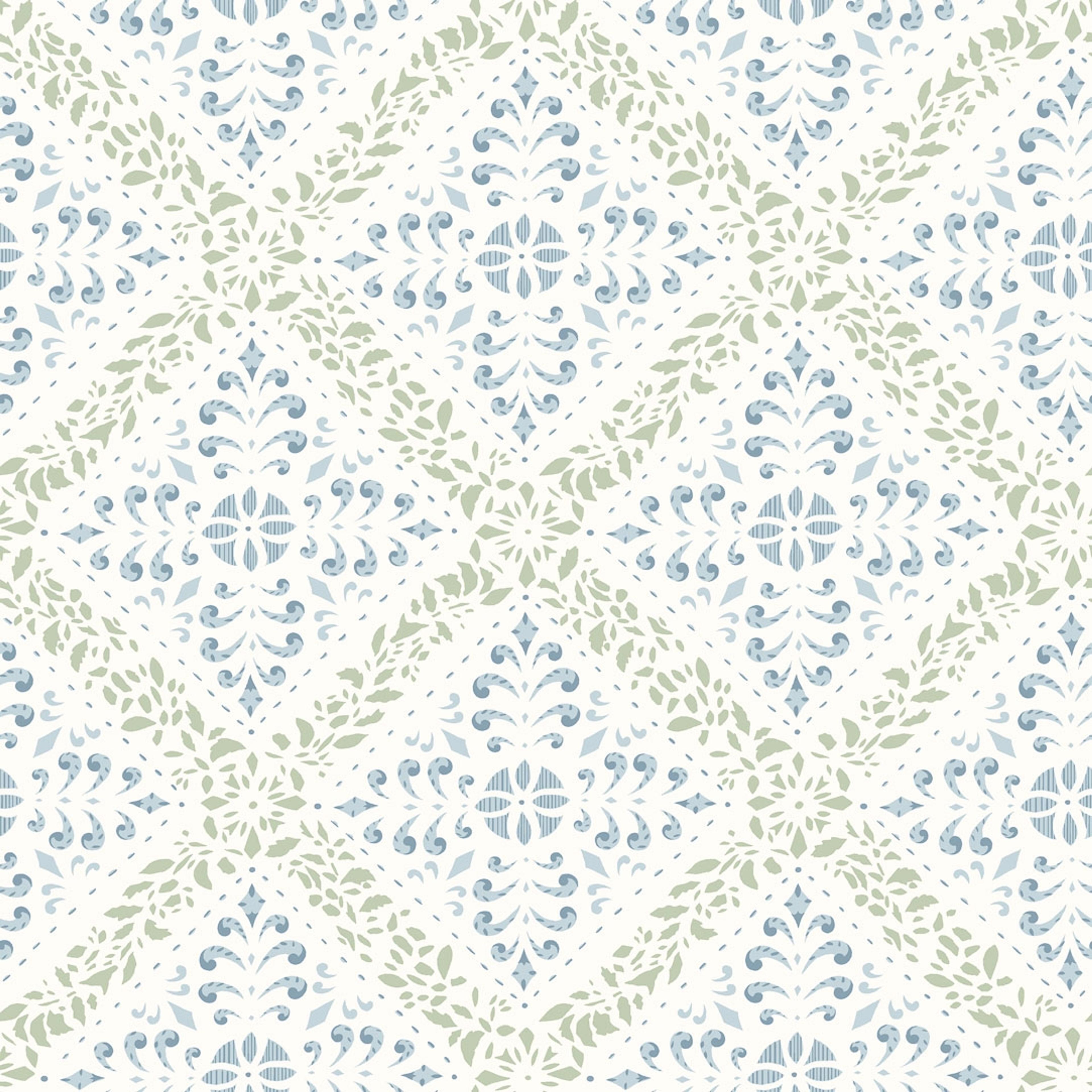Nyborg tapet från Boråstapeter med geometriskt, blommigt mönster i vit, grön och blå. Från kollektionen anno. Nonwoven-material med rak passning. Passar i sovrum och matsal.