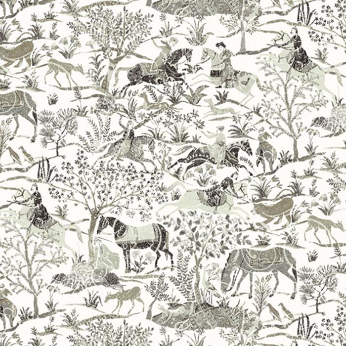 Marwari Rock tapet med djur, botaniskt mönster i vit. Från kollektionen Summer. Nonwoven-material.