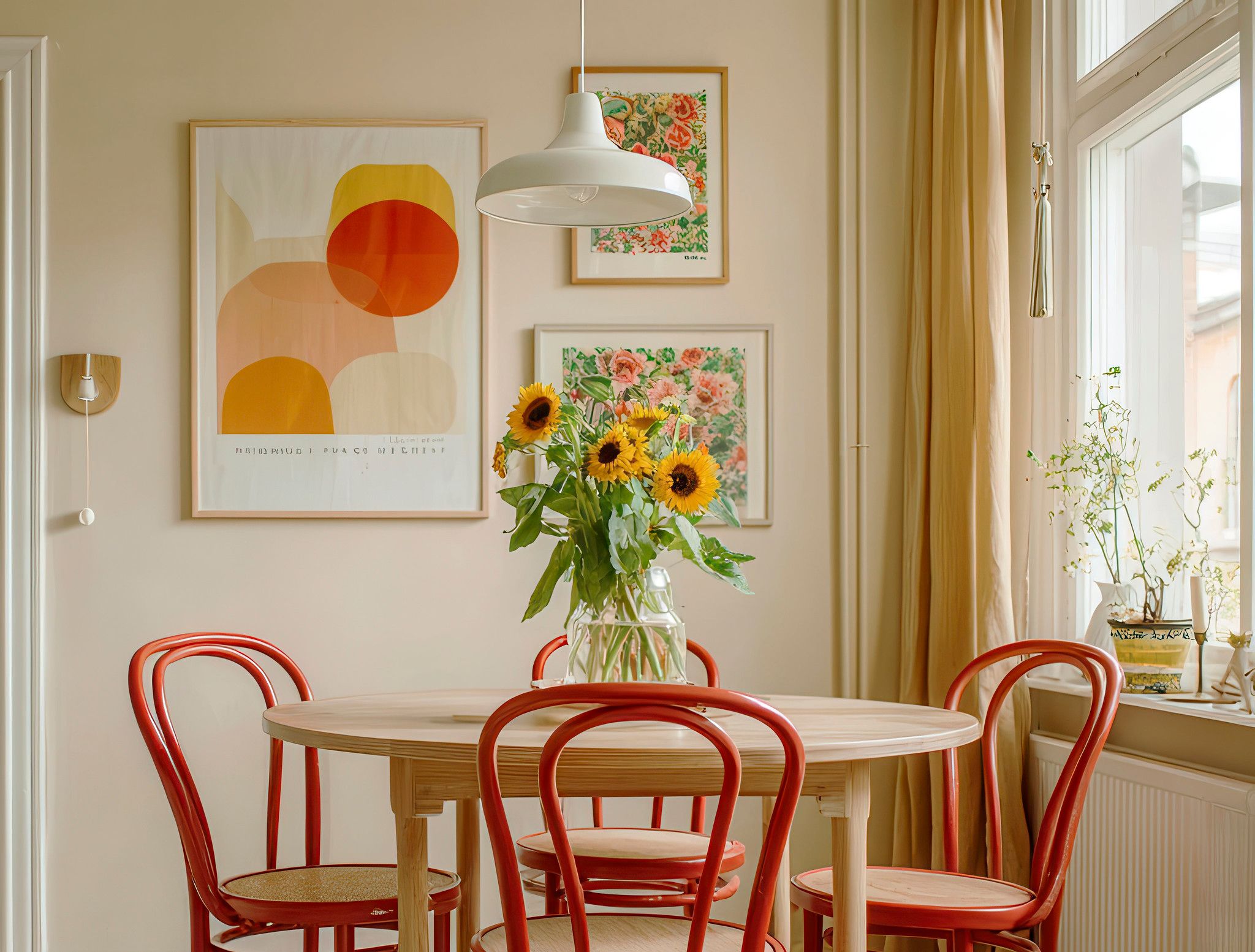 A cozy dining area with a round wooden table, red chairs, a vase of sunflowers, and framed art on the wall.