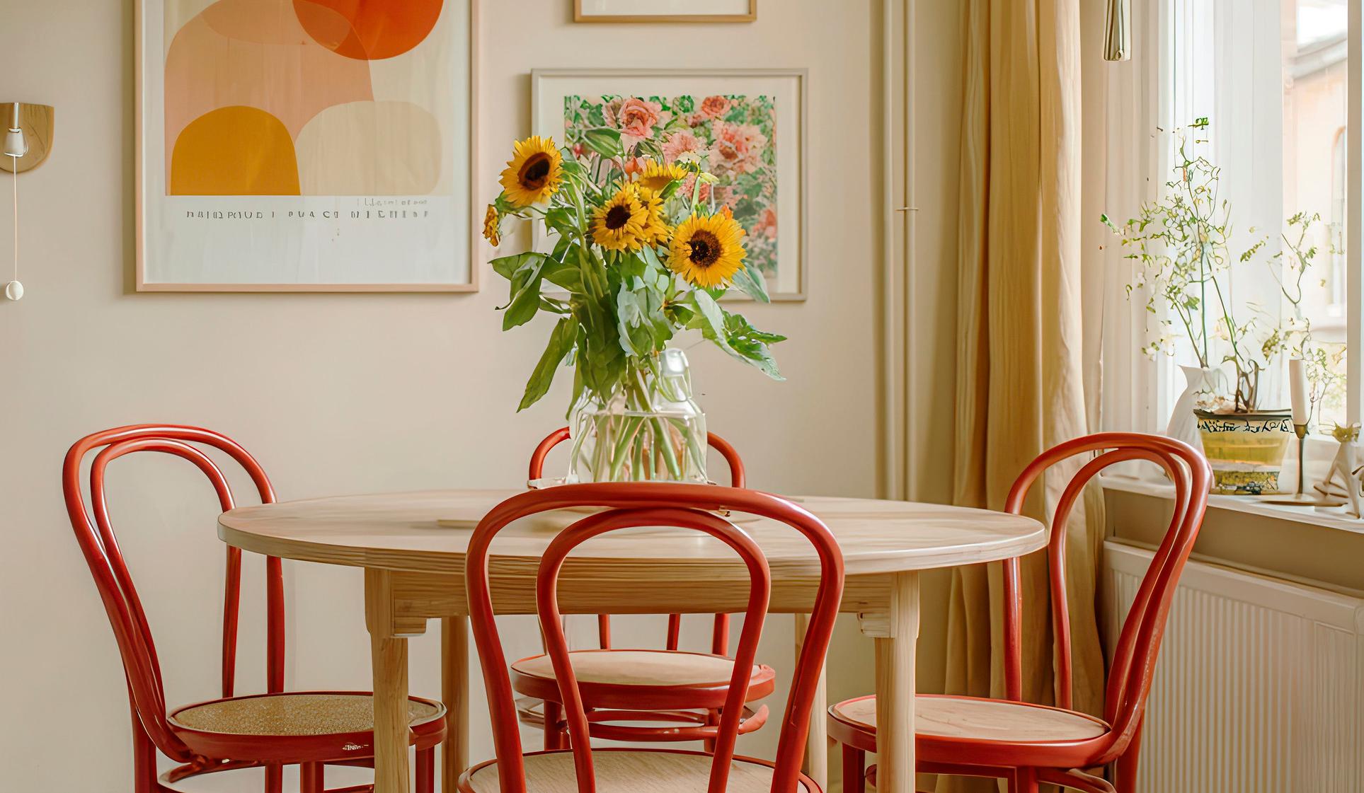 A cozy dining area with a round wooden table, red chairs, a vase of sunflowers, and framed art on the wall.