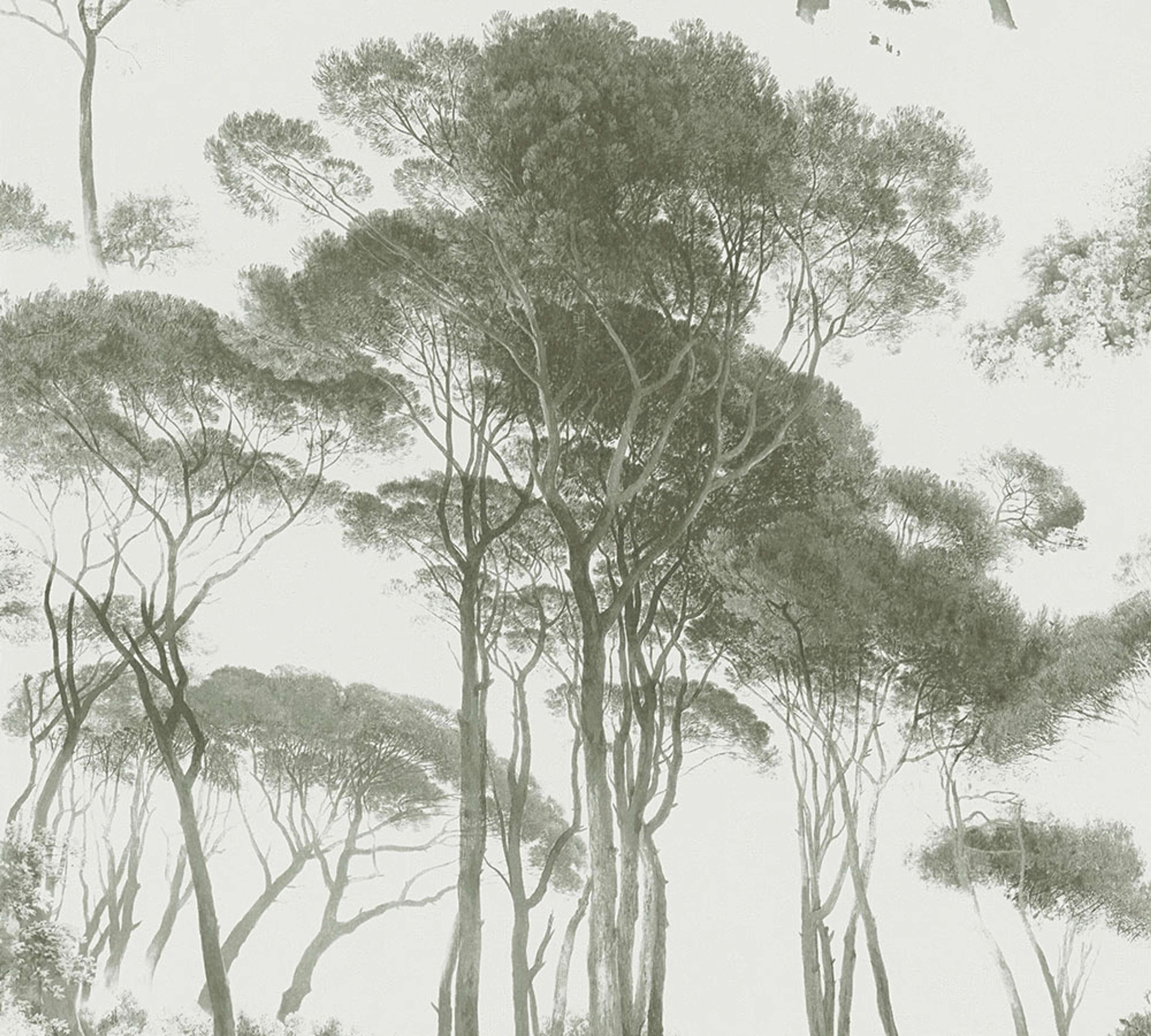 Treetops, strukturtapet i vit och grön tapet med djur mönster i vit. Från kollektionen history of art. Nonwoven-material med förskjuten passning. Passar i vardagsrum och matsal.