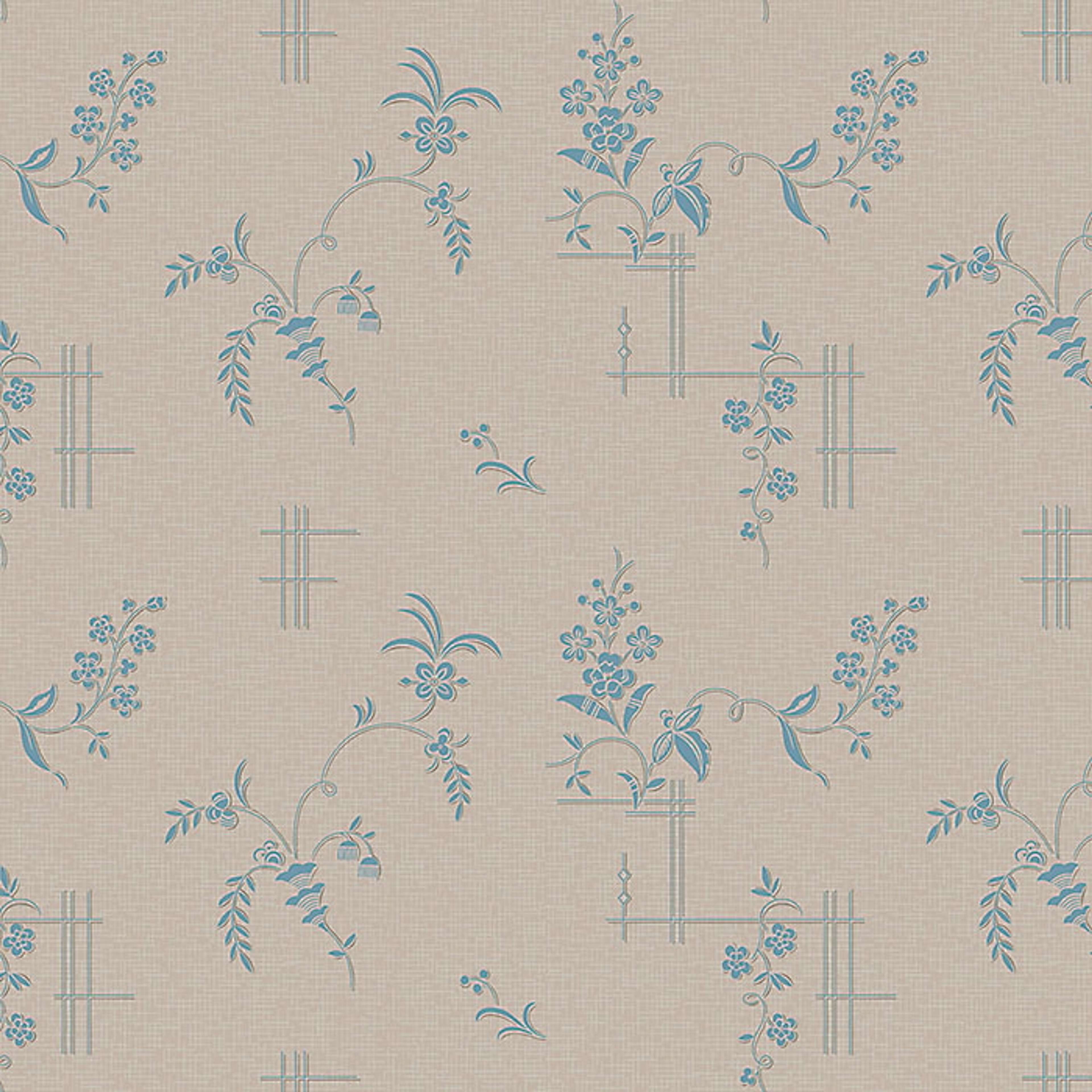 Ulricehamn tapet från Boråstapeter med blommigt mönster i brun och blå. Från kollektionen anno. Nonwoven-material med förskjuten passning. Passar i sovrum och matsal.