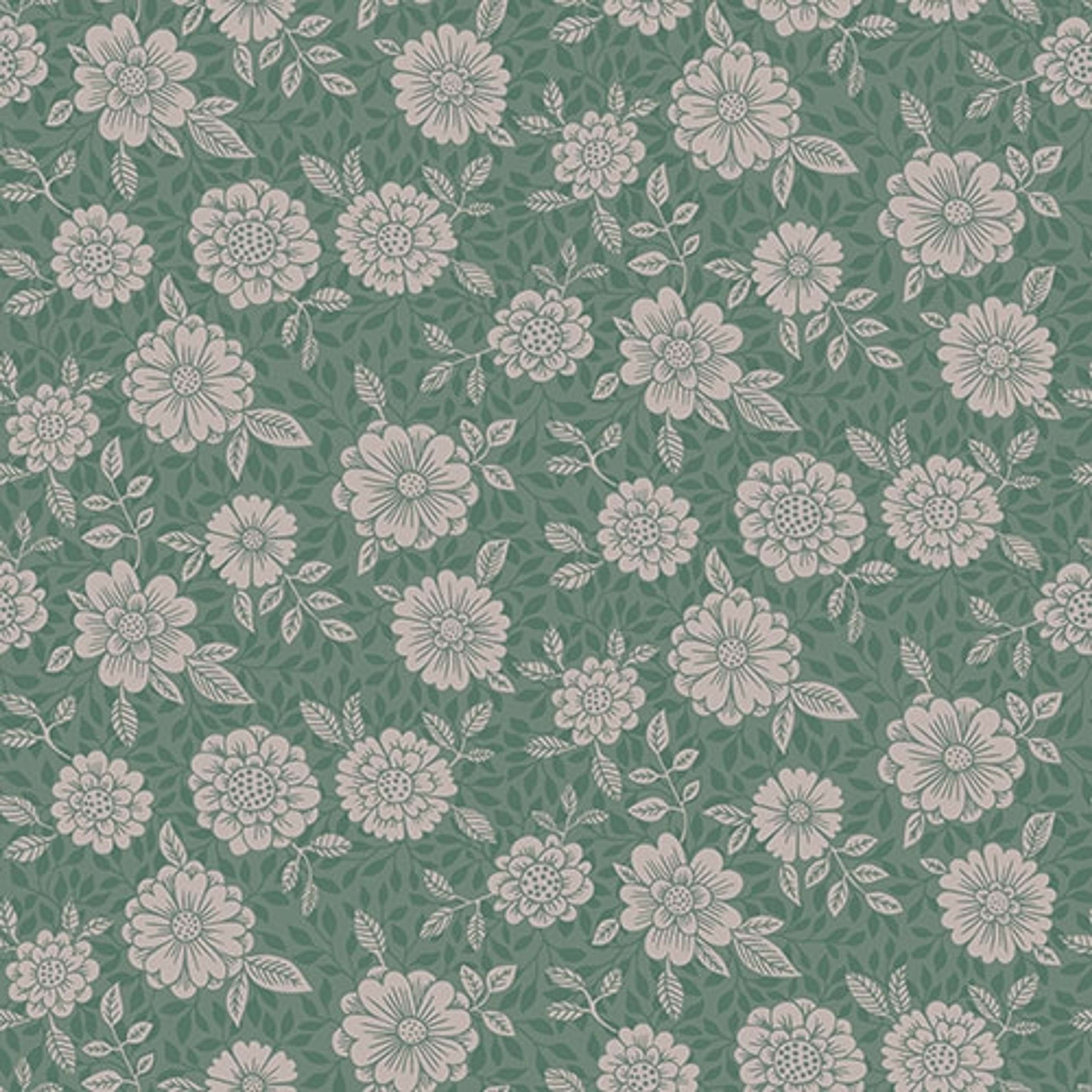 Lizette tapet med blommigt mönster i grön. Från kollektionen skogsgläntan. Nonwoven-material med rak passning. Passar i vardagsrum, sovrum och matsal.