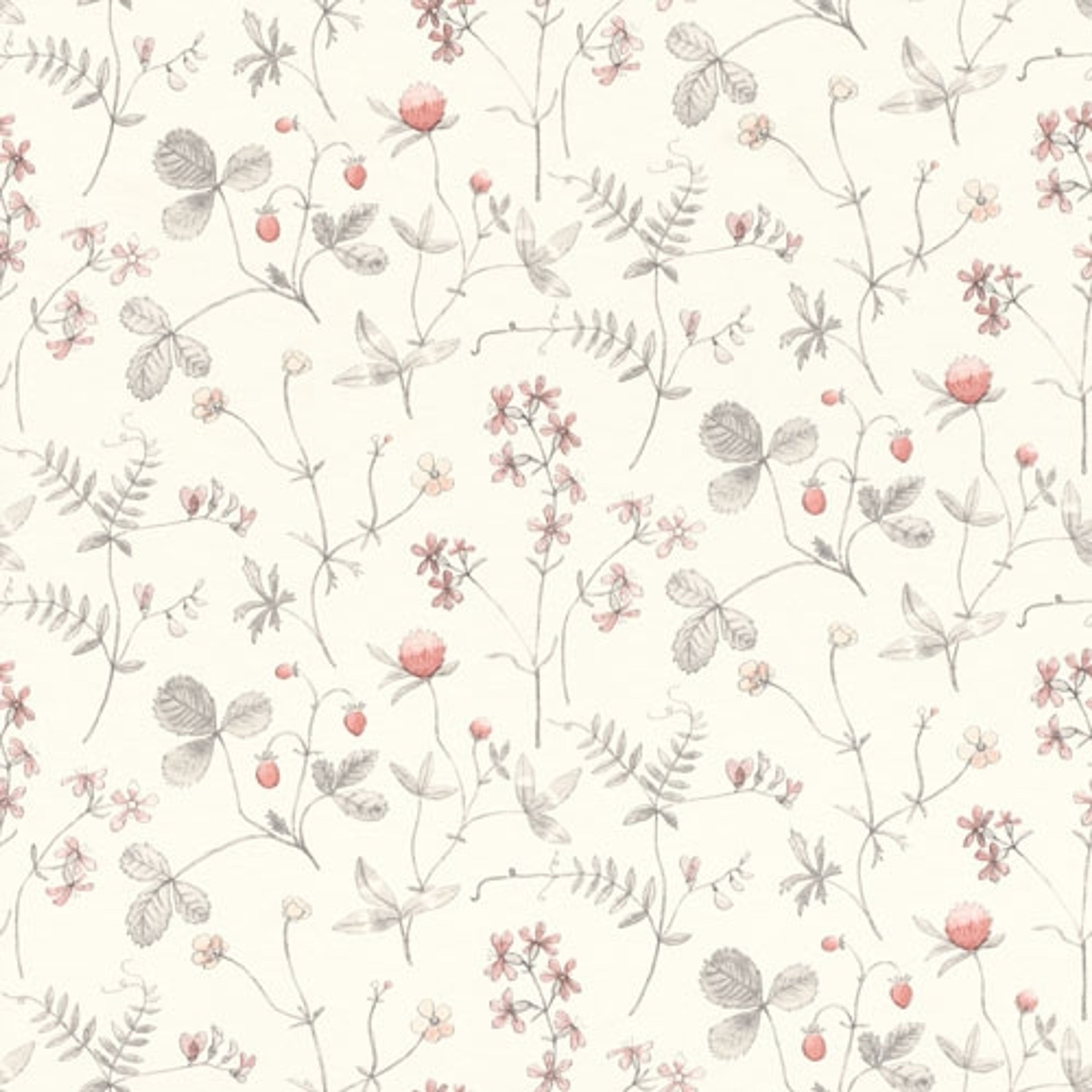 Julia ängsblommor i rosa och grått tapet från Midbec med blommigt mönster i rosa. Från kollektionen Morgongåva. Nonwoven-material med rak passning.