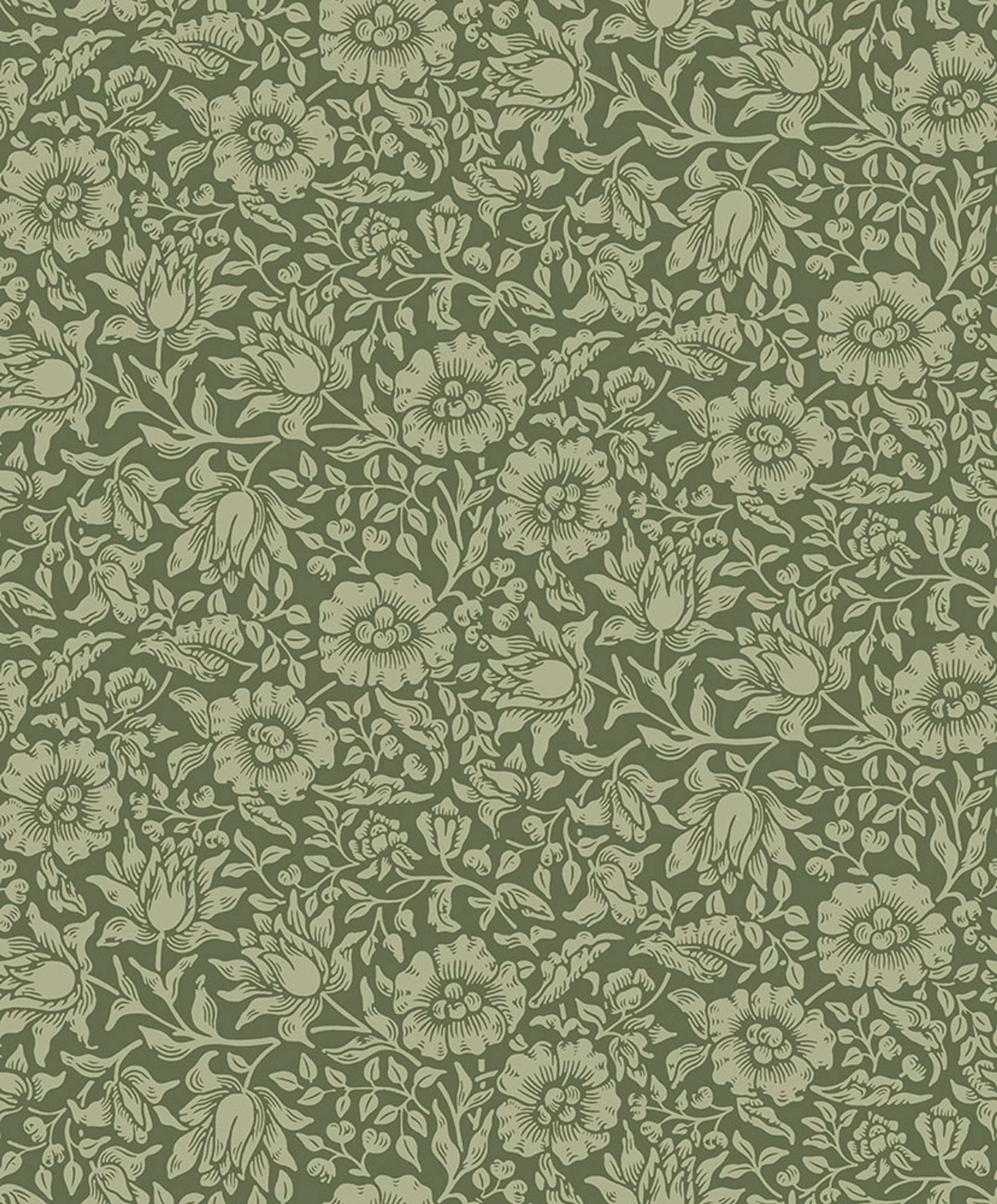 Mallow, mörkgrön tapet tapet från Midbec med botaniskt, blommigt mönster i grön. Från kollektionen Hidden Treasures vol 1. Nonwoven-material med rak passning.