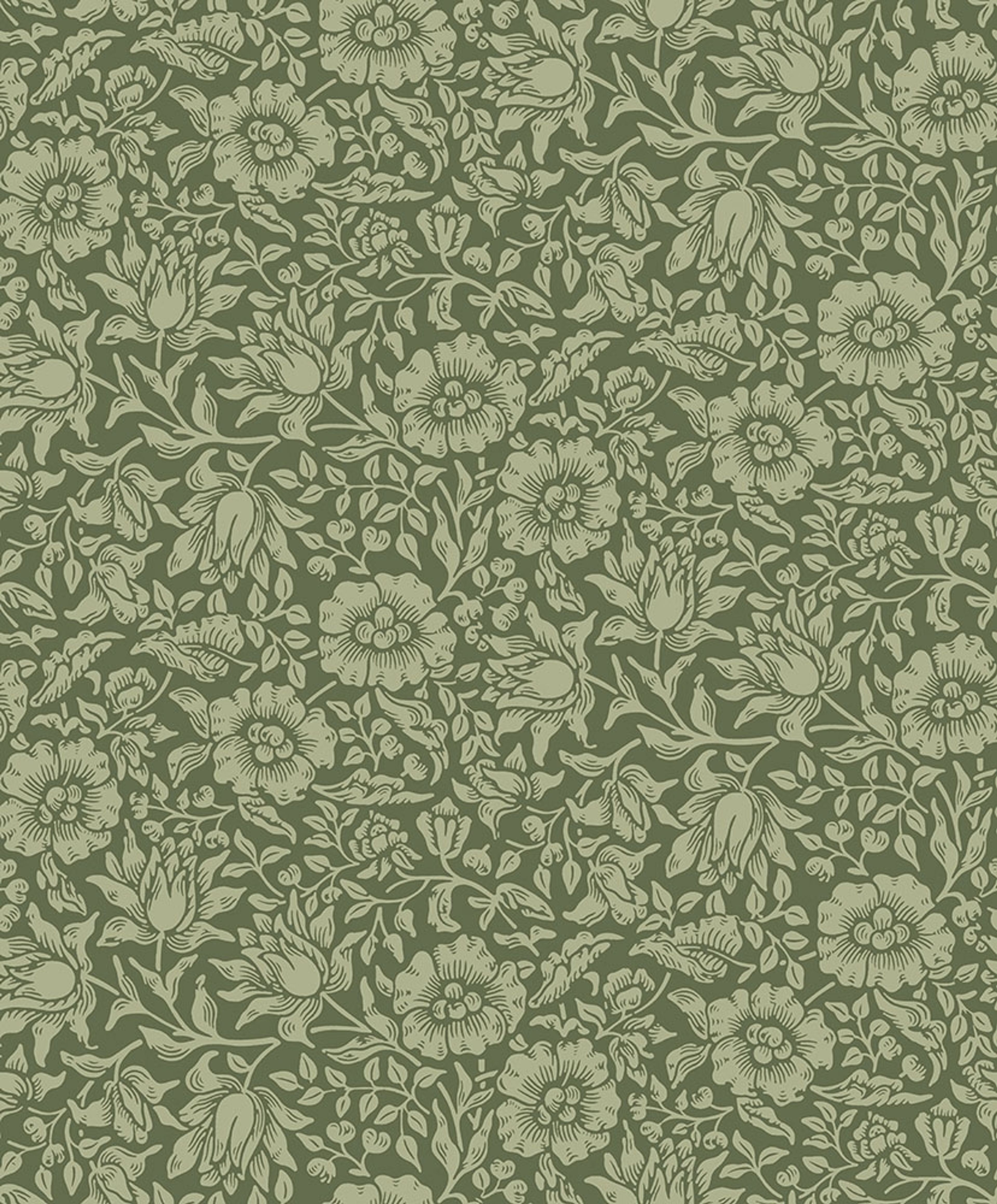 Mallow, mörkgrön tapet tapet från Midbec med botaniskt, blommigt mönster i grön. Från kollektionen Hidden Treasures vol 1. Nonwoven-material med rak passning.