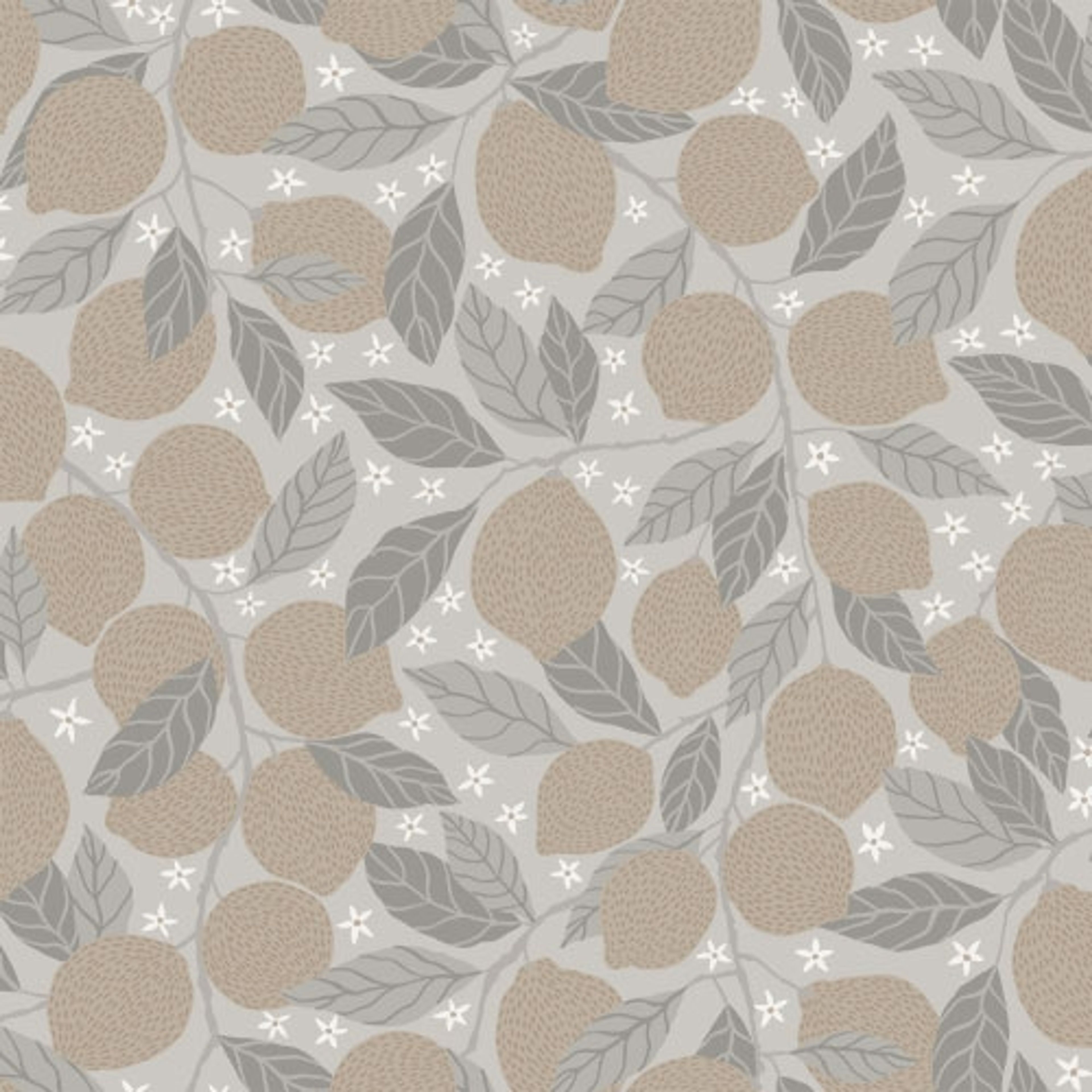 Lemona citroner, ljusgrå tapet med botaniskt mönster i grå. Från kollektionen Grönhaga. Nonwoven-material med förskjuten passning. Passar i barnrum.