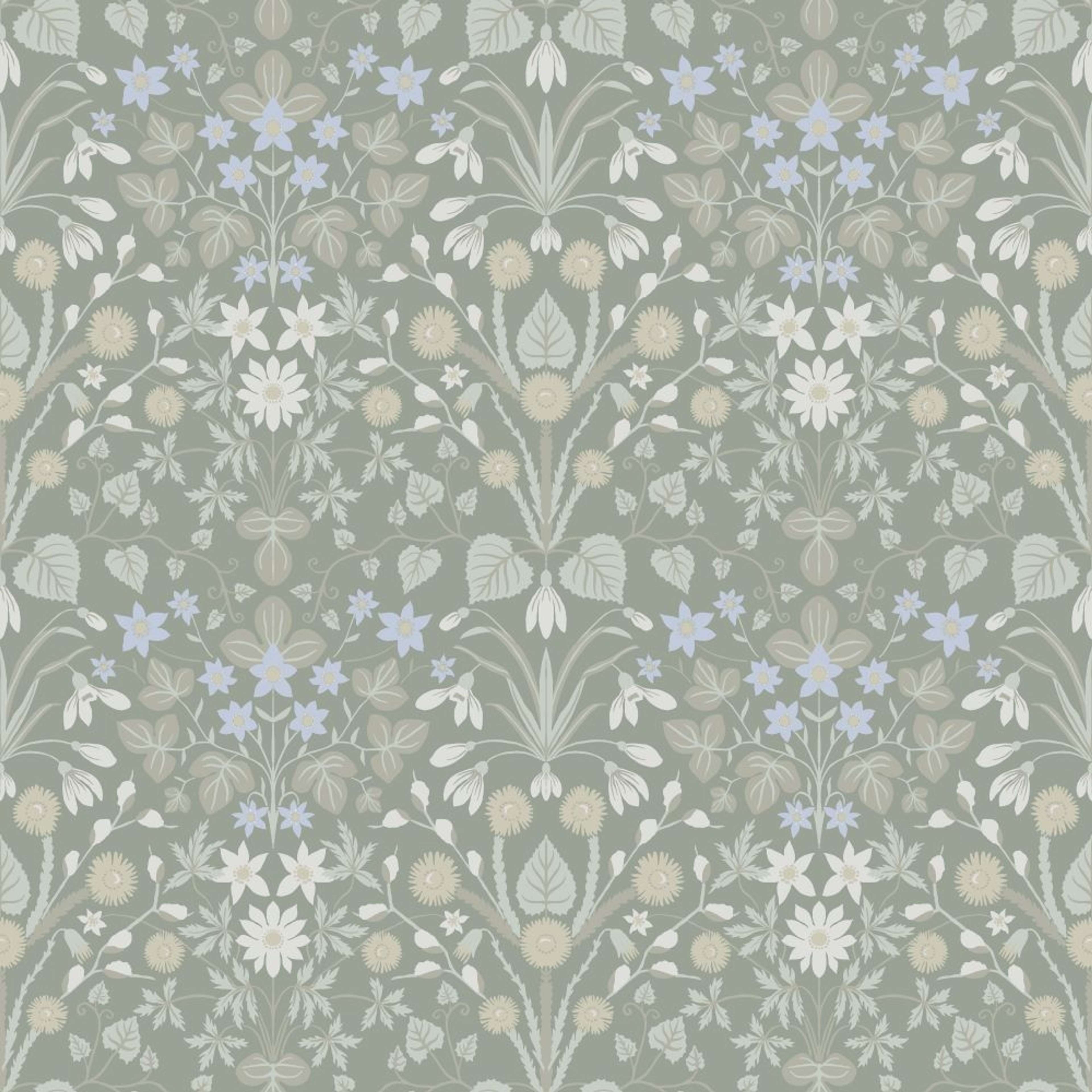 Vårblommor, grön tapet tapet med blommigt mönster i grön. Från kollektionen Långenäs. Nonwoven-material med rak passning.