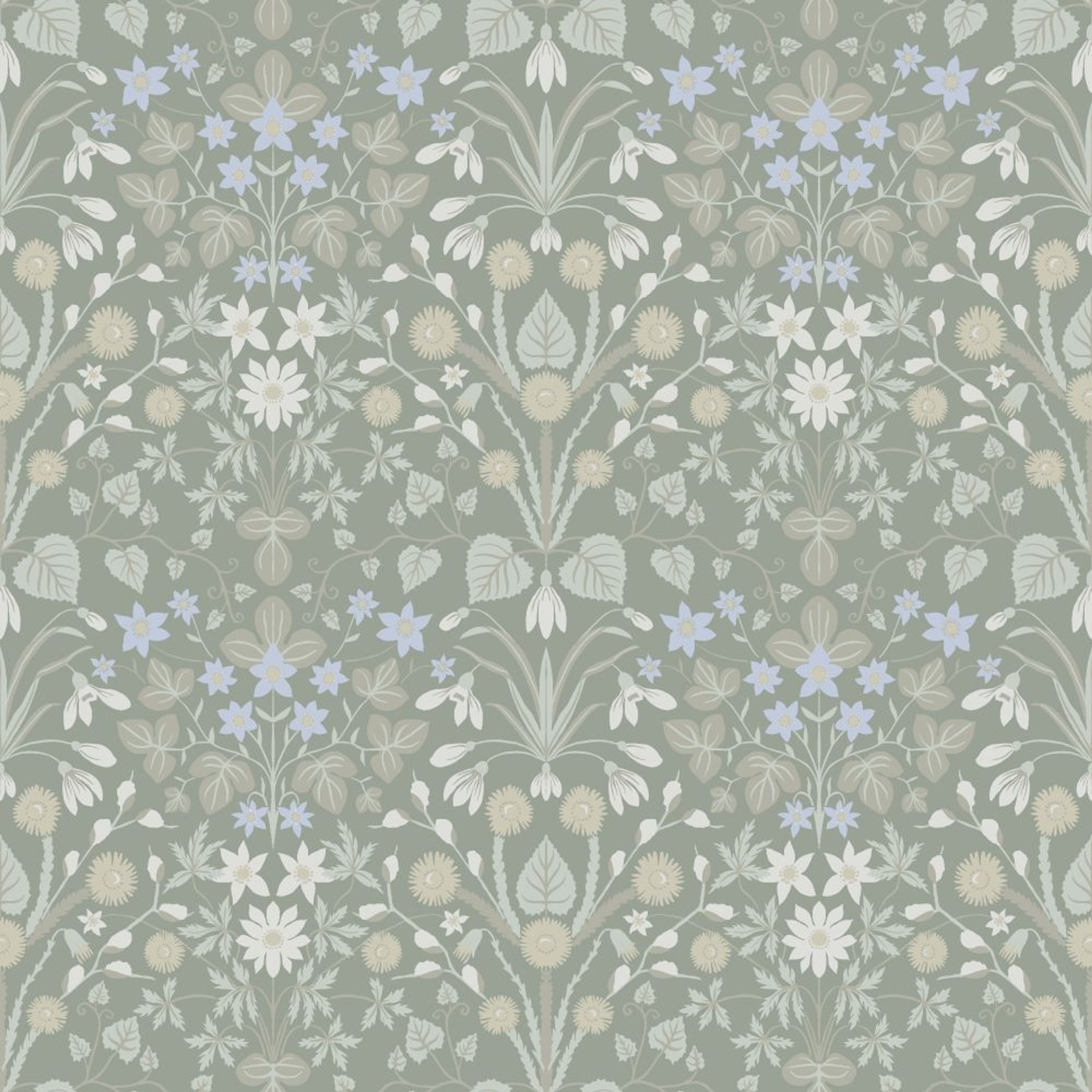 Vårblommor, grön tapet tapet med blommigt mönster i grön. Från kollektionen Långenäs. Nonwoven-material med rak passning.