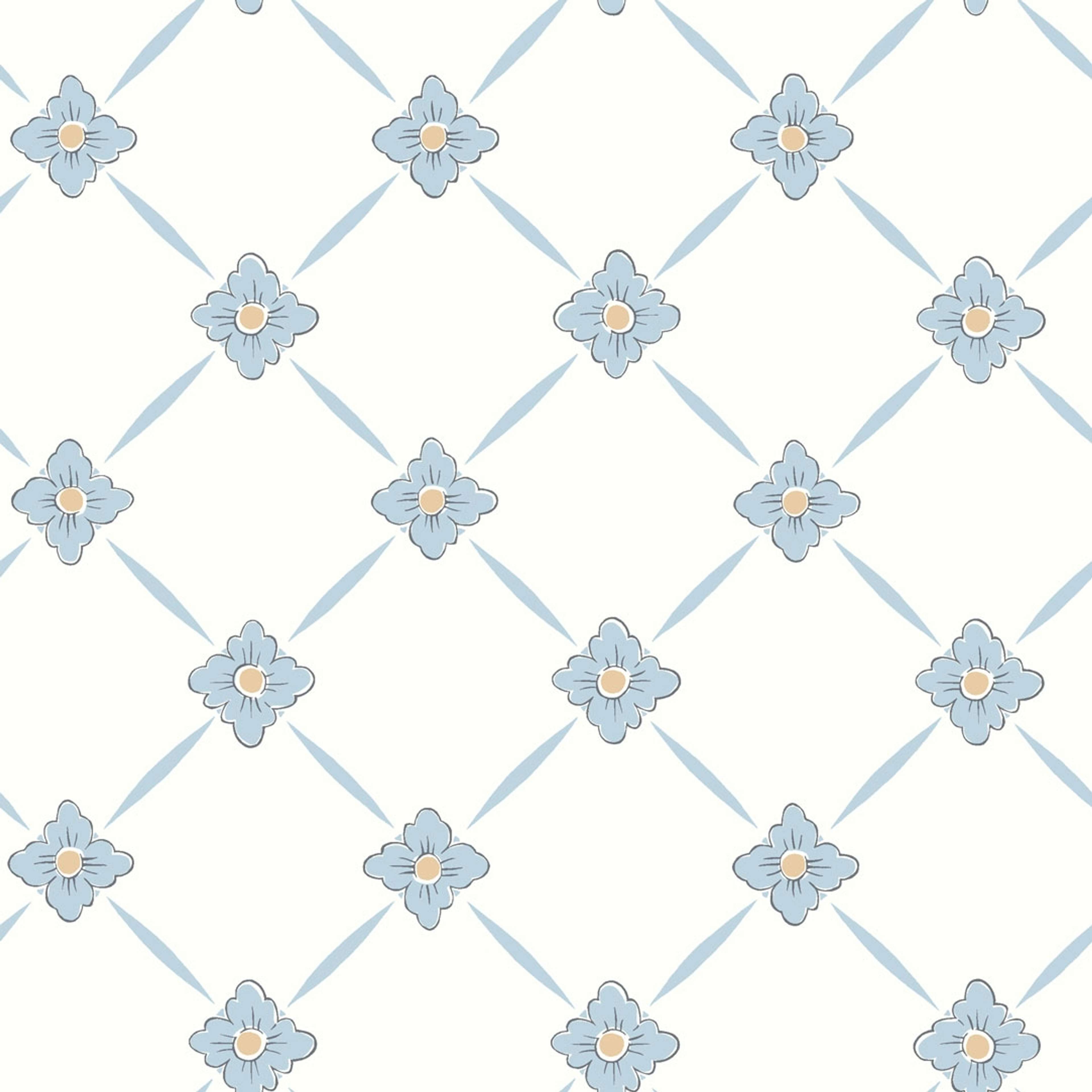Linné tapet från Boråstapeter med geometriskt, blommigt mönster i vit och blå. Från kollektionen anno. Nonwoven-material med rak passning. Passar i sovrum och matsal.