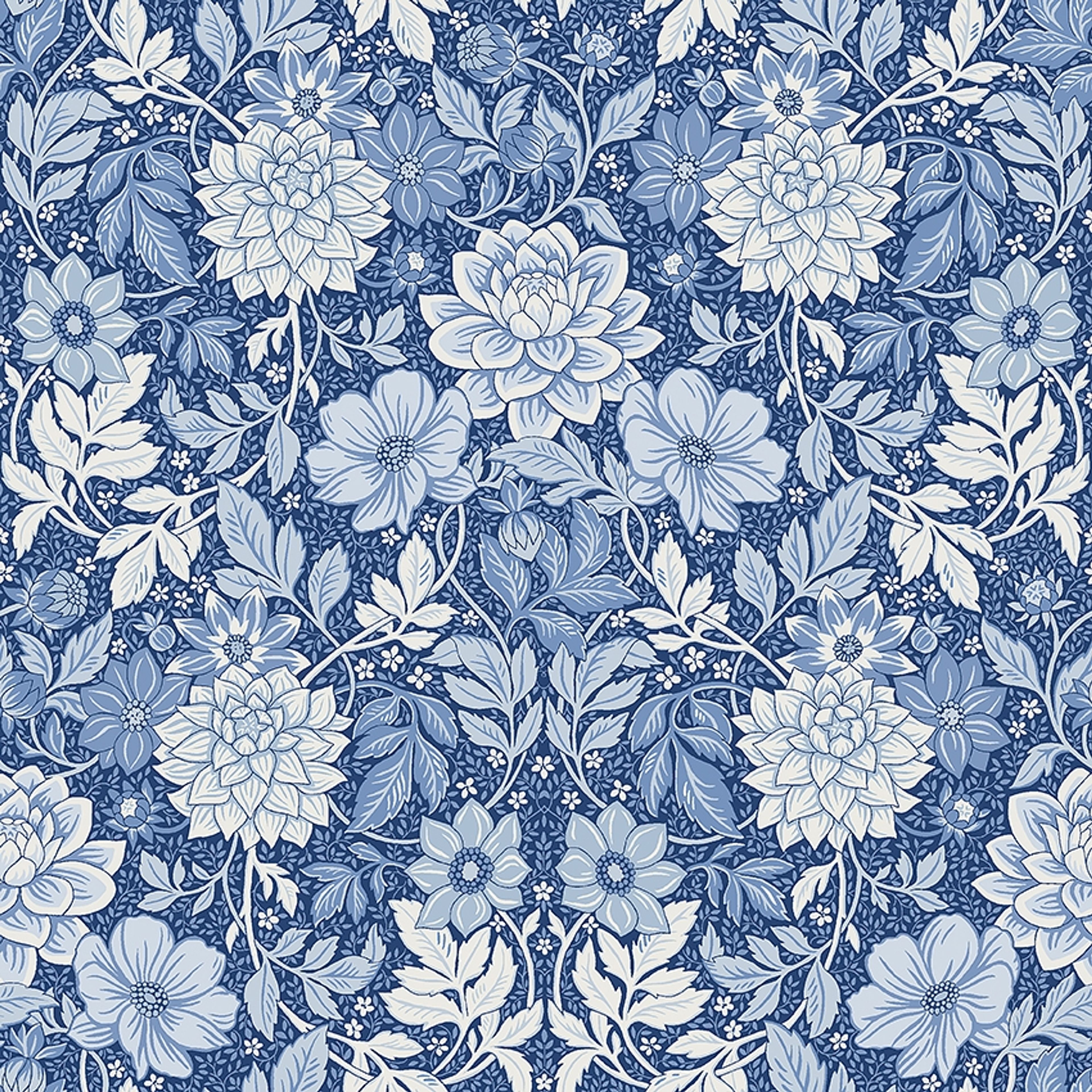 Dahlia Garden, tapet tapet med blommigt, naturochlandskap mönster i vit och blå. Från kollektionen Blue & White. Nonwoven-material med rak passning. Passar i hall.