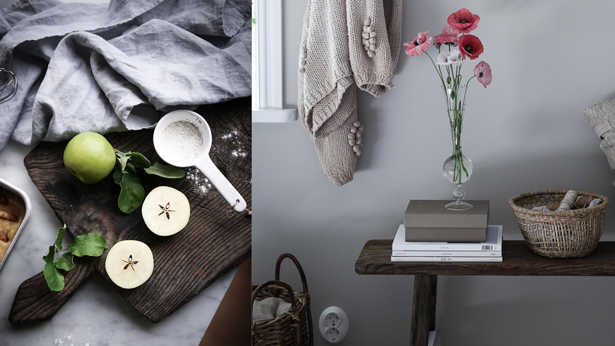 A split image showing green apples and flour on a cutting board, alongside a rustic table with a vase of poppies and a knitted blanket.