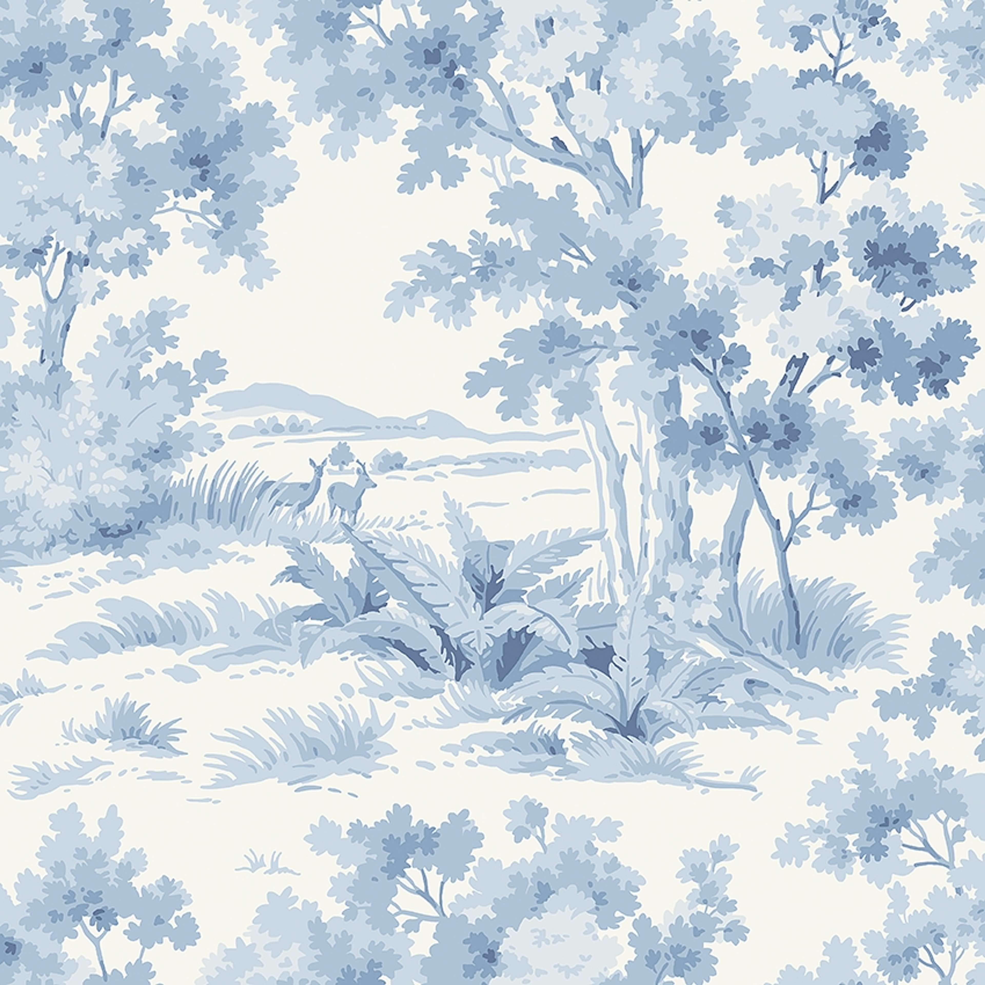 Countryside Morning, tapet tapet med djur, naturochlandskap, grafiskt mönster i vit och blå. Från kollektionen Blue & White. Nonwoven-material med förskjuten passning. Passar i arbetsrum.
