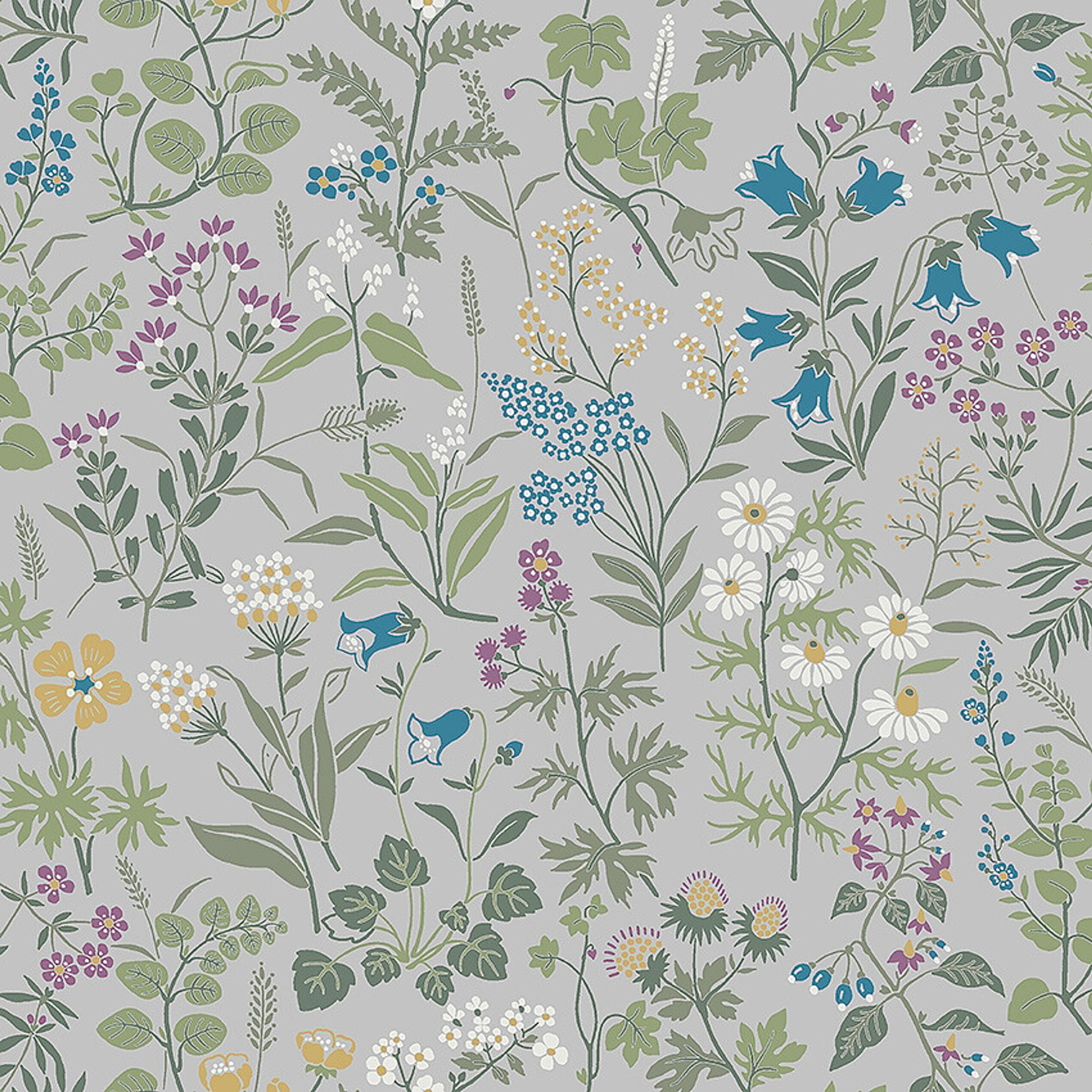 Flora tapet med blommigt mönster i grå. Från kollektionen Alla Tiders Hus. Nonwoven-material med förskjuten passning. Passar i vardagsrum, matsal och kök.