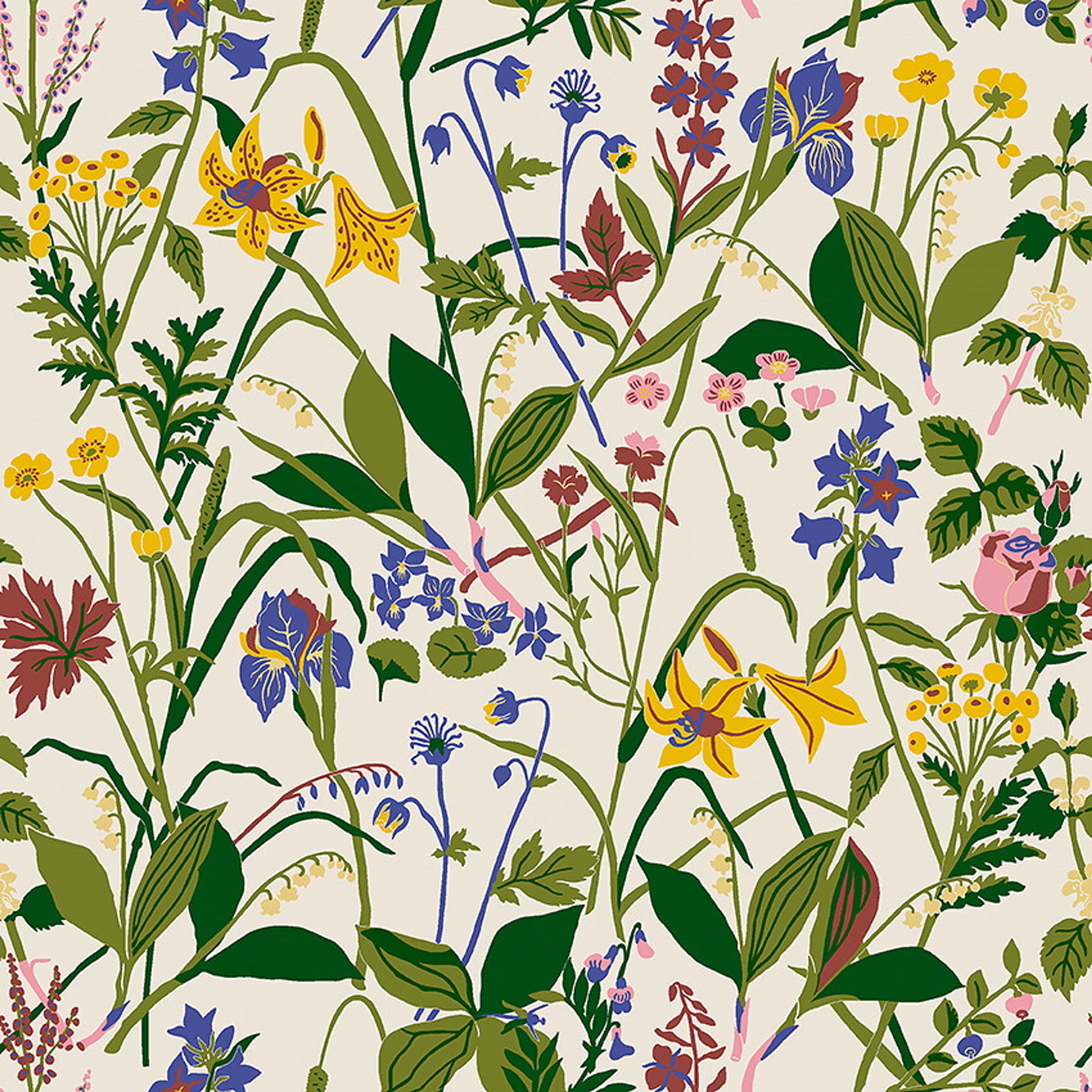 Gocken Jobs Ros och Lilja tapet med botaniskt, blommigt, retro mönster i vit. Från kollektionen Scandinavian Designers III. Nonwoven-material med rak passning.