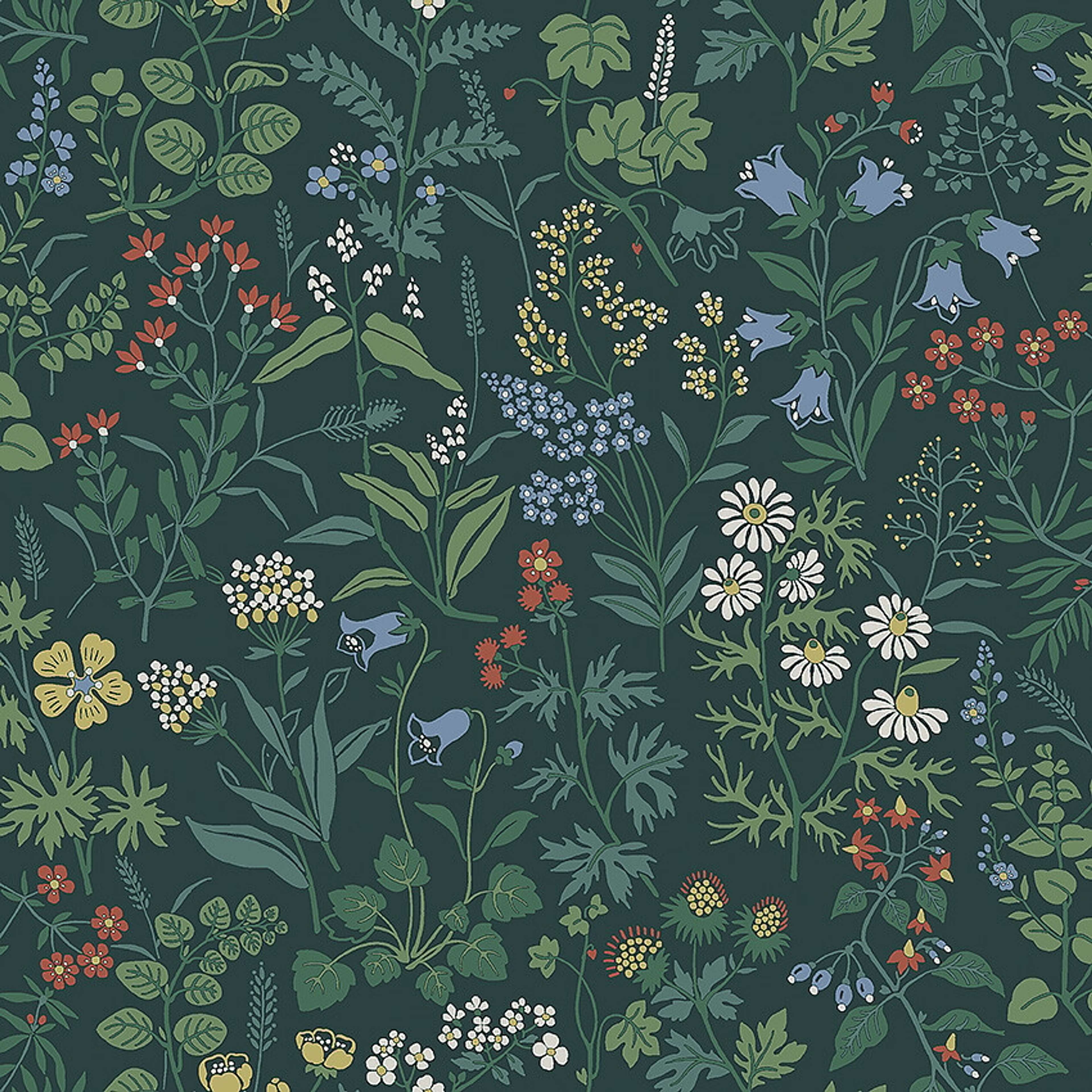 Flora tapet med blommigt mönster i svart. Från kollektionen Alla Tiders Hus. Nonwoven-material med förskjuten passning. Passar i vardagsrum, matsal och kök.