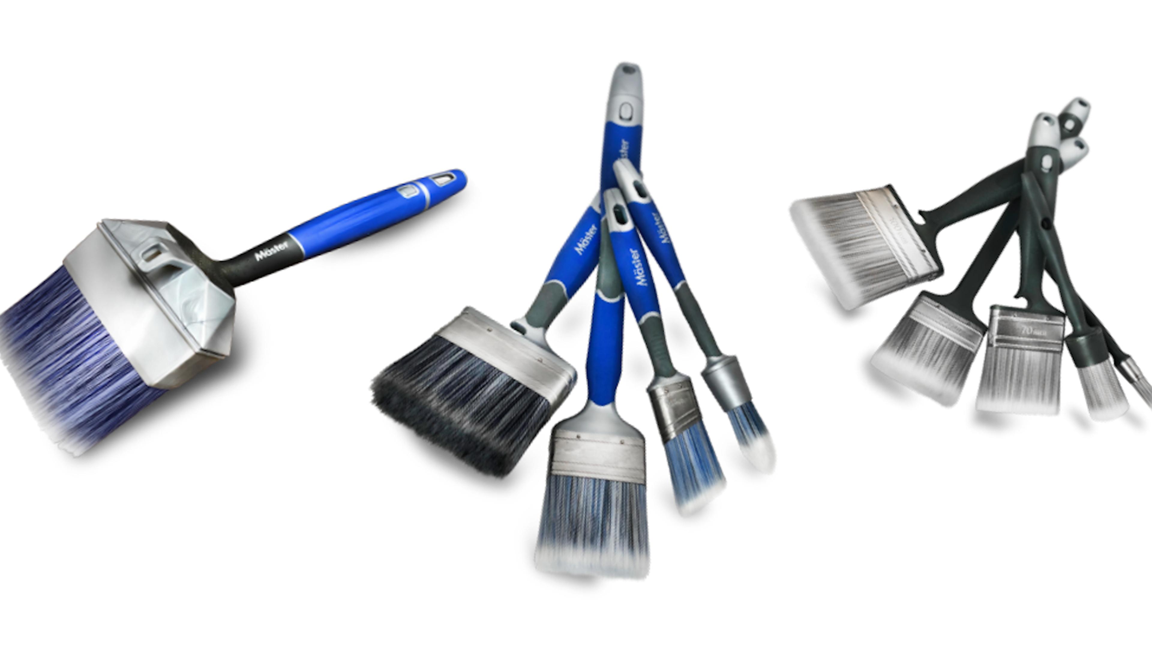 An assortment of paint brushes with blue and dark grey handles and various bristle colors.