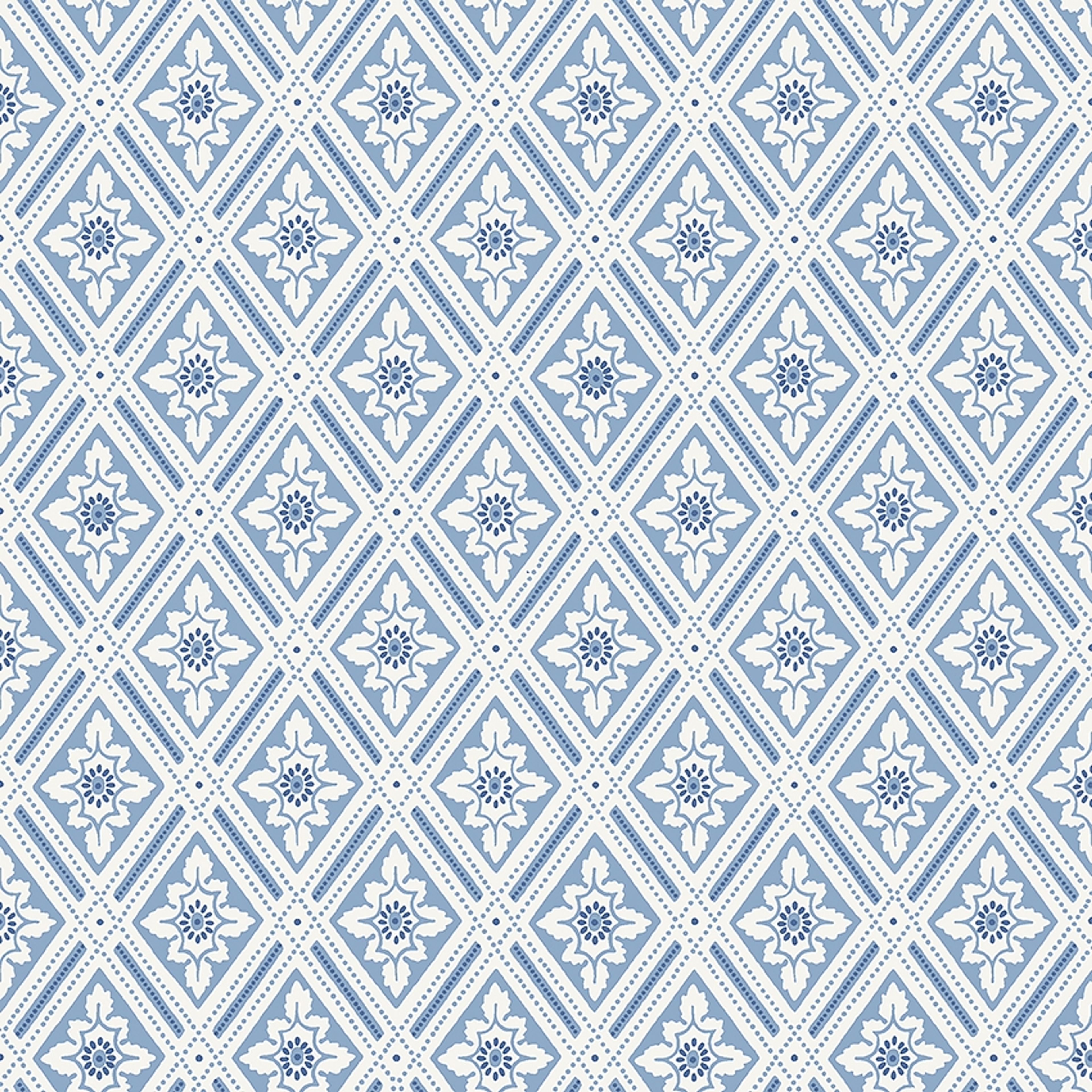 Ester, tapet tapet med medaljonger, trellis mönster i vit och blå. Från kollektionen Blue & White. Nonwoven-material med förskjuten passning. Passar i vardagsrum.