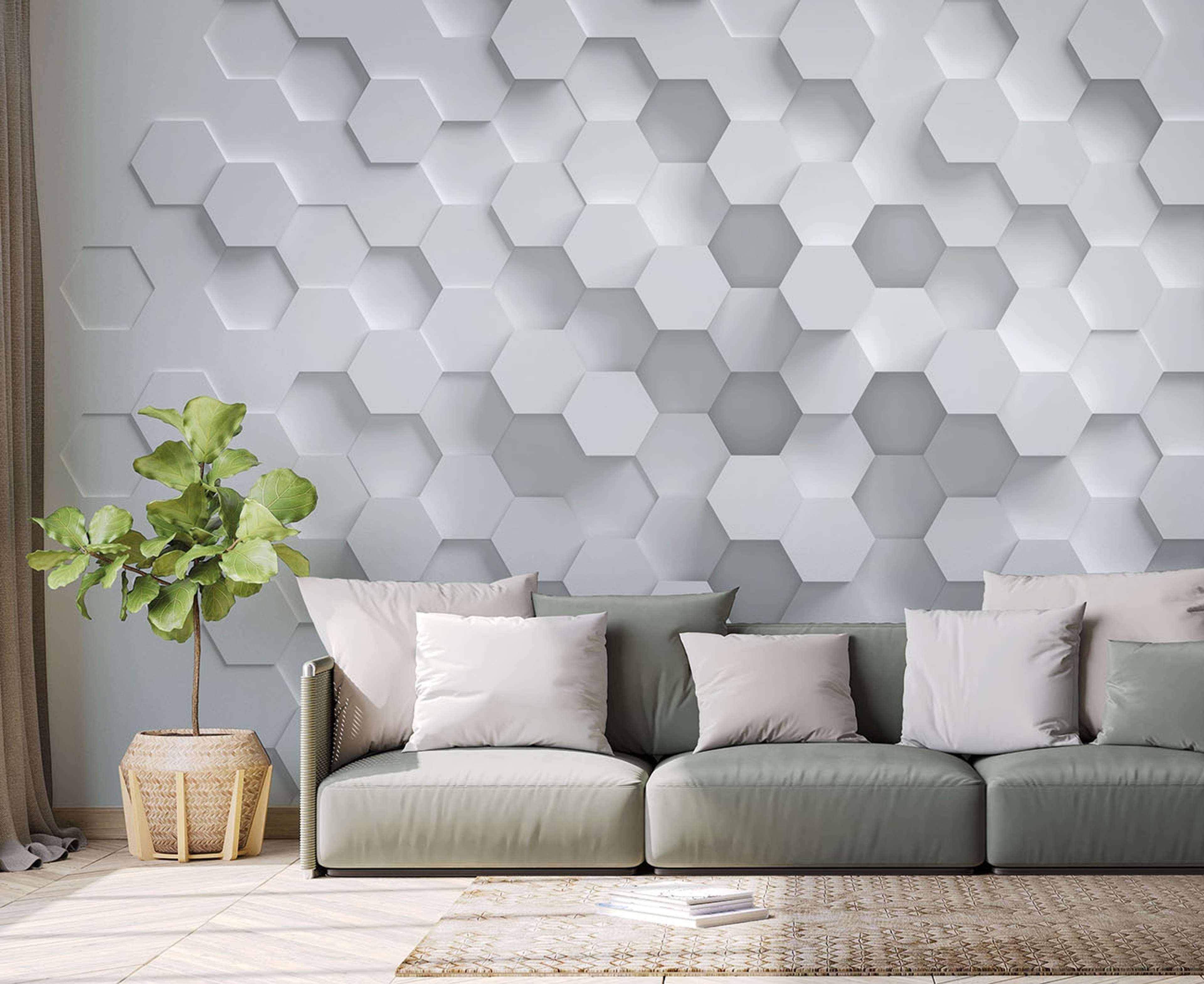 Graphics tapet med grafiskt mönster i vit och grå. Från kollektionen The Wall. Nonwoven-material. Passar i vardagsrum och matsal.