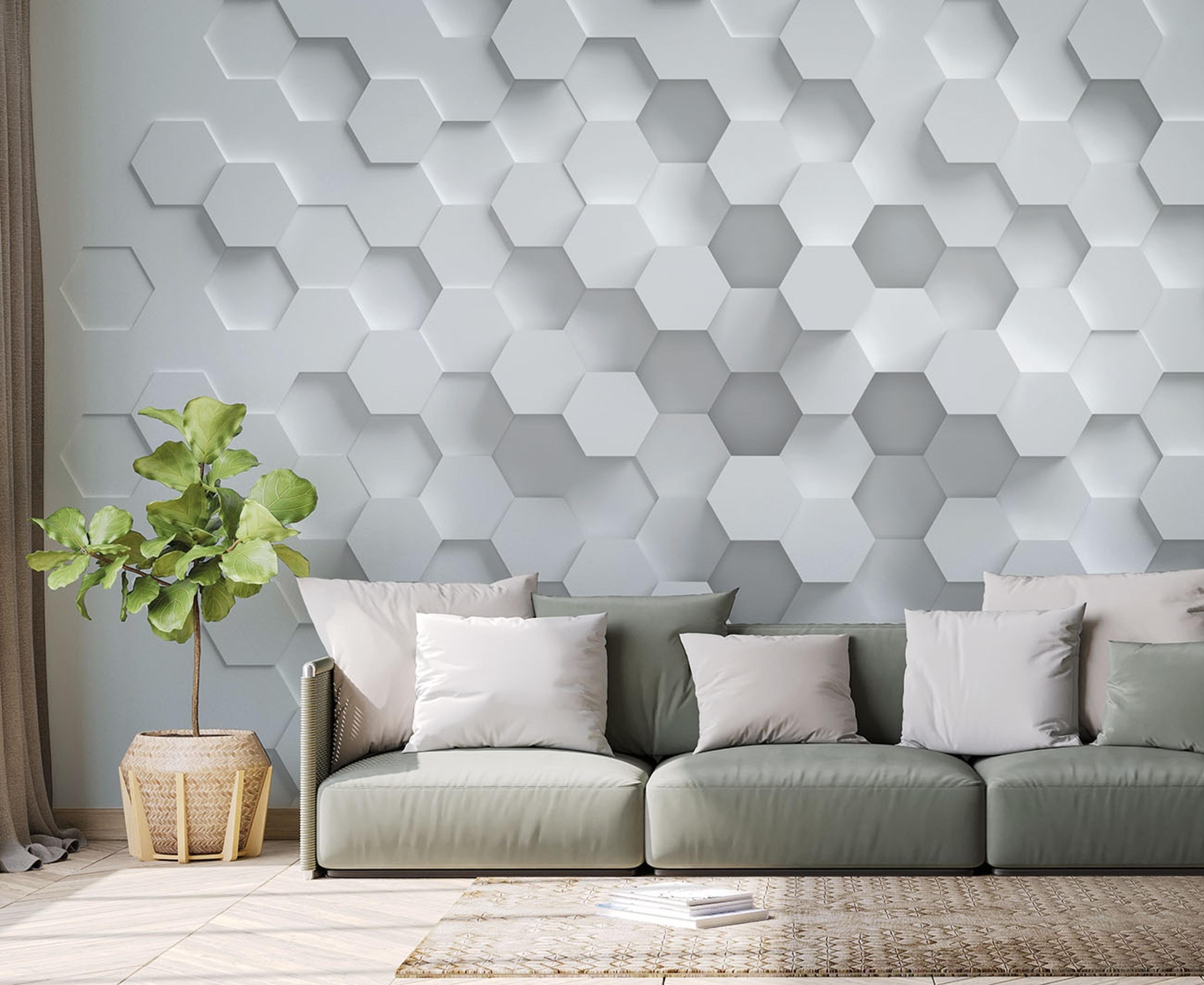 Graphics tapet med grafiskt mönster i vit och grå. Från kollektionen The Wall. Nonwoven-material. Passar i vardagsrum och matsal.