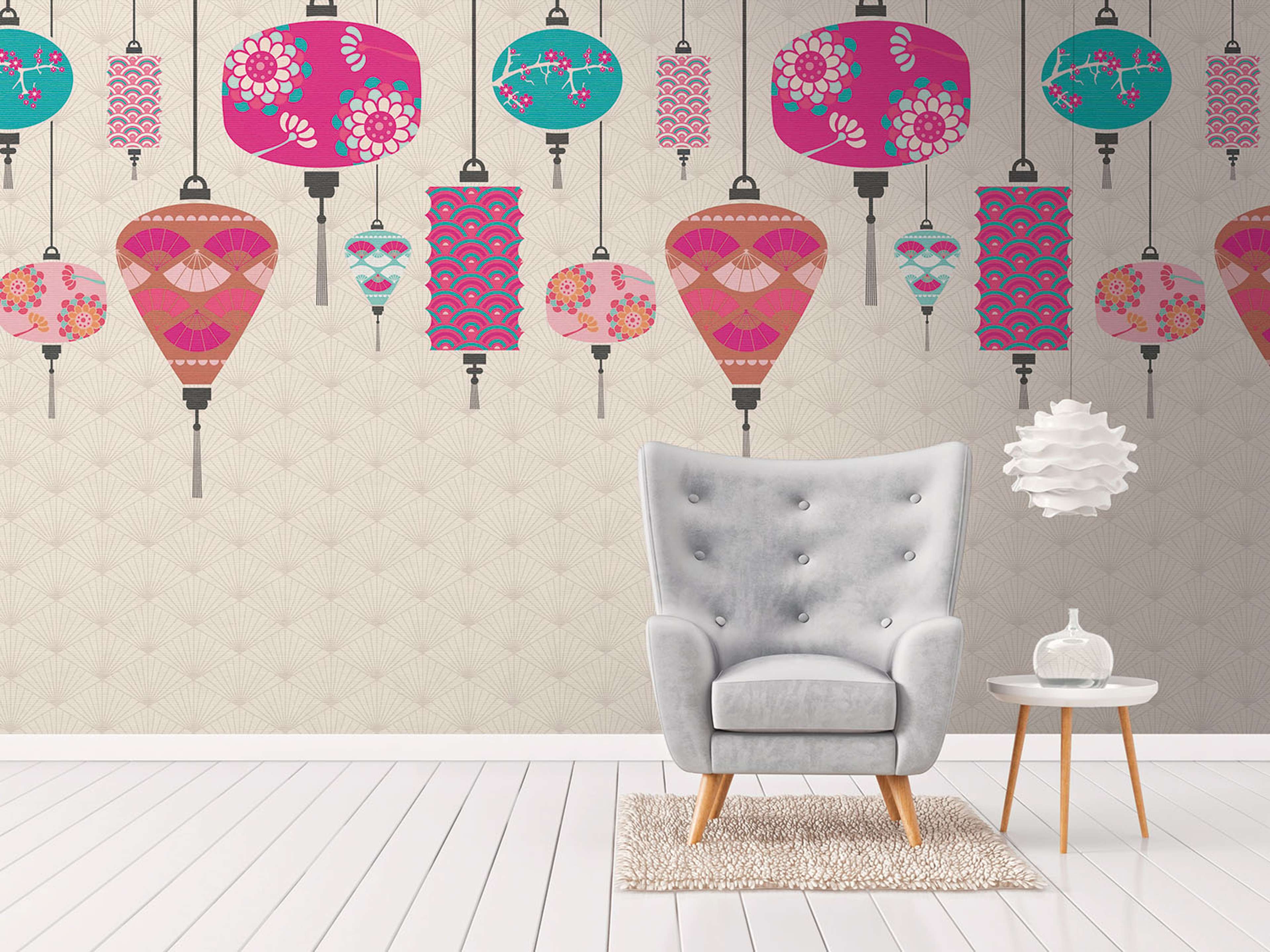 Eyecatcher tapet med illustration, grafiskt mönster i rosa. Från kollektionen The Wall. Nonwoven-material. Passar i vardagsrum och matsal.