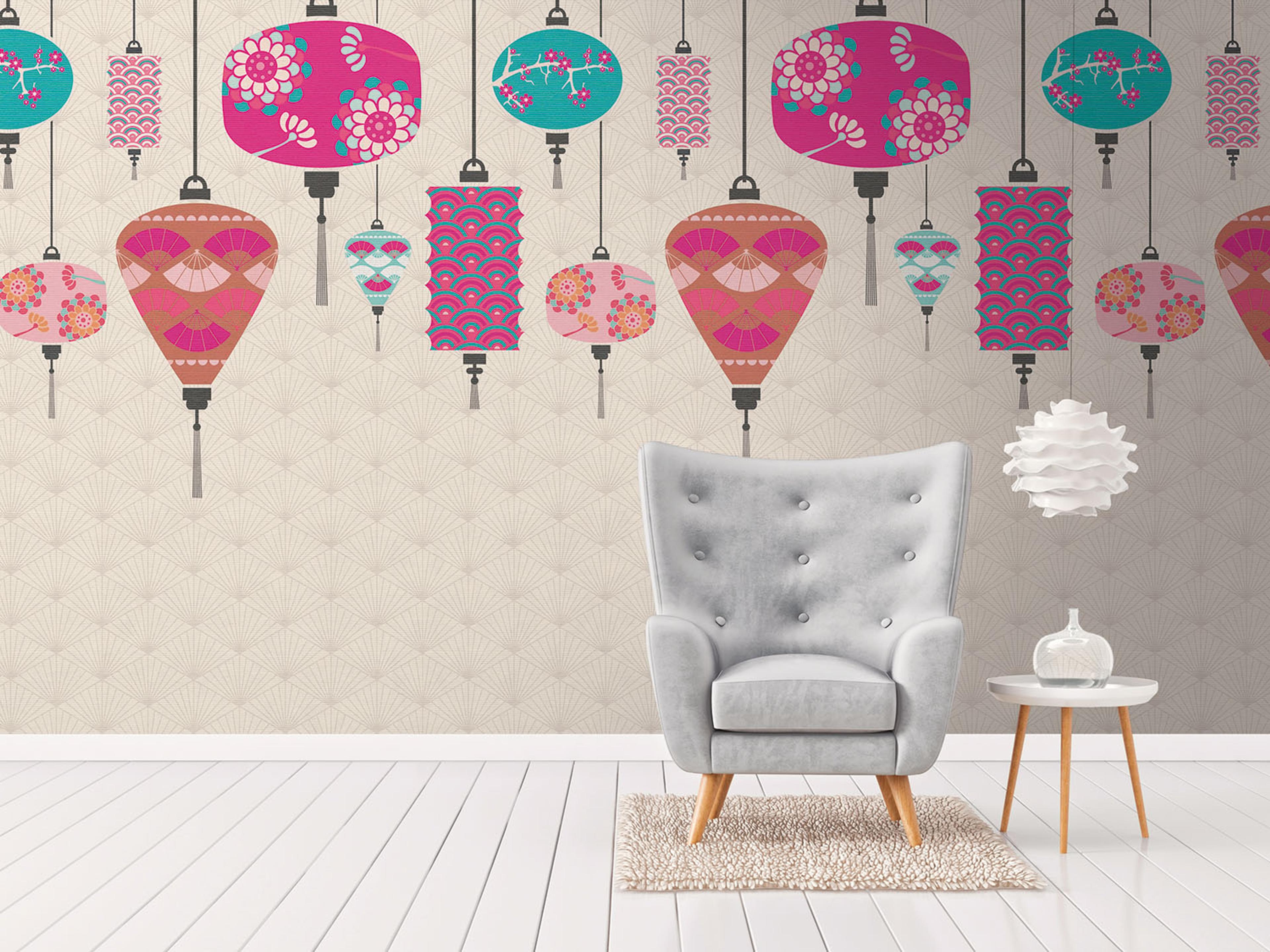 Eyecatcher tapet med illustration, grafiskt mönster i rosa. Från kollektionen The Wall. Nonwoven-material. Passar i vardagsrum och matsal.