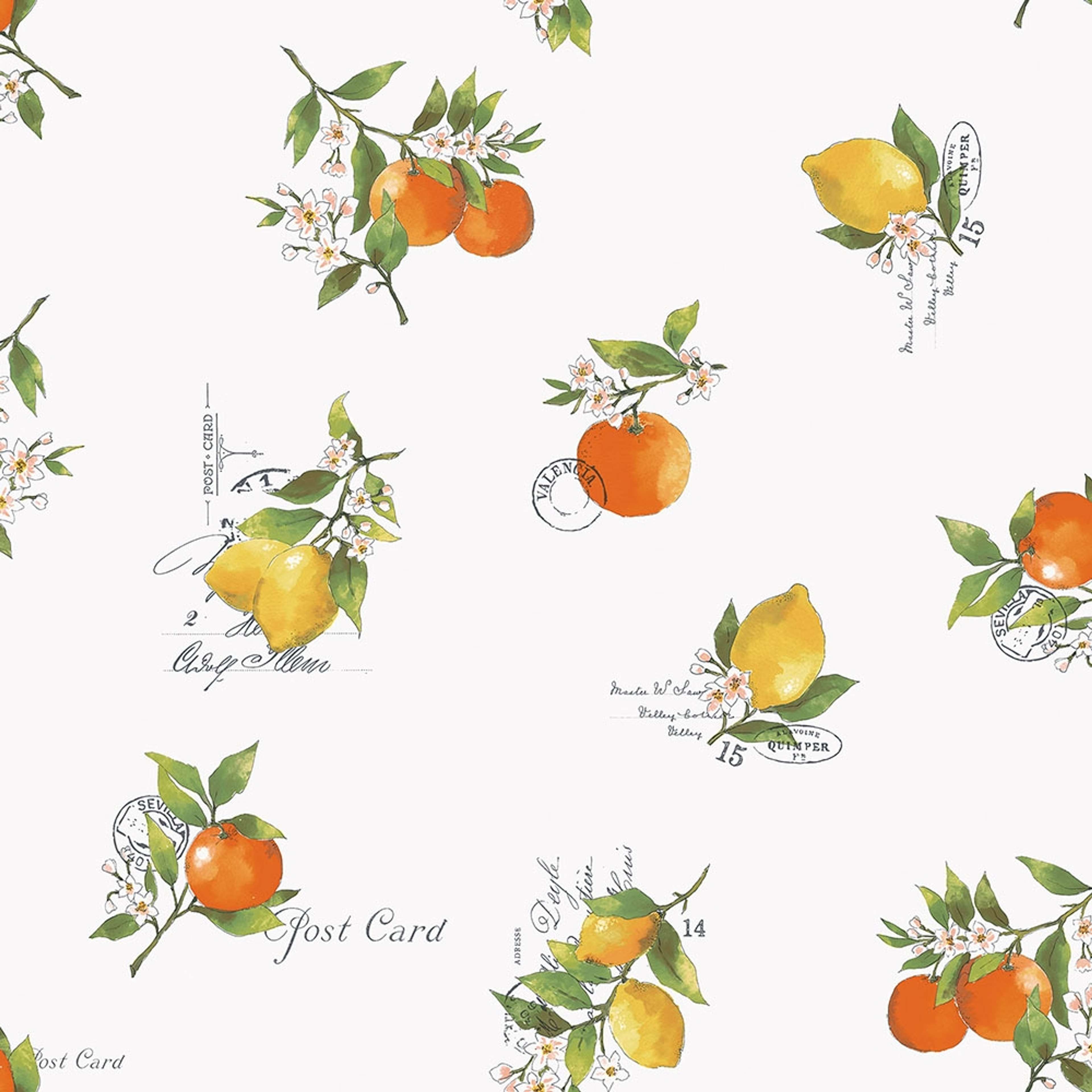 Citrus Toss tapet med text mönster i gul och orange. Från kollektionen Just Kitchens. Nonwoven-material med förskjuten passning.