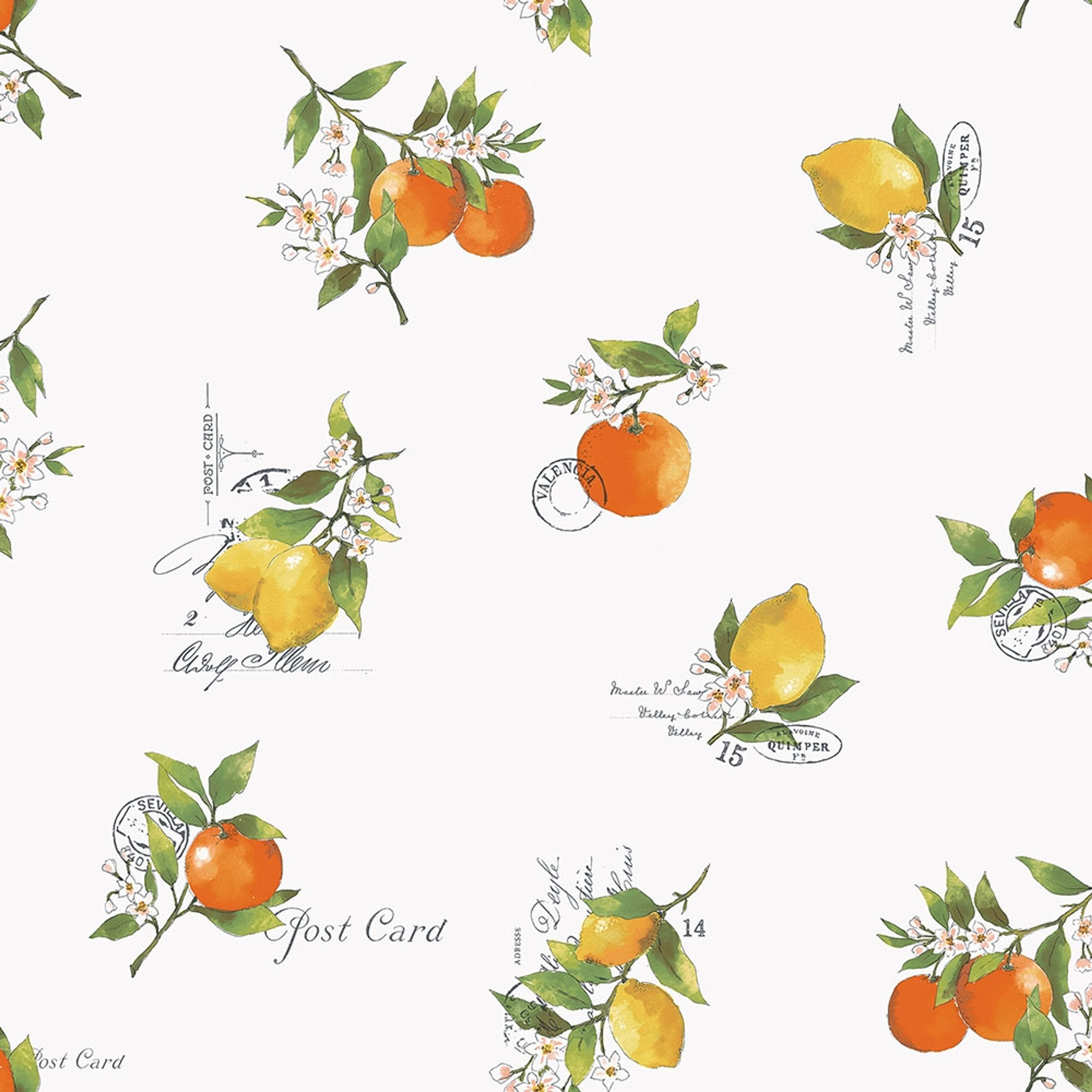 Citrus Toss tapet med text mönster i gul och orange. Från kollektionen Just Kitchens. Nonwoven-material med förskjuten passning.