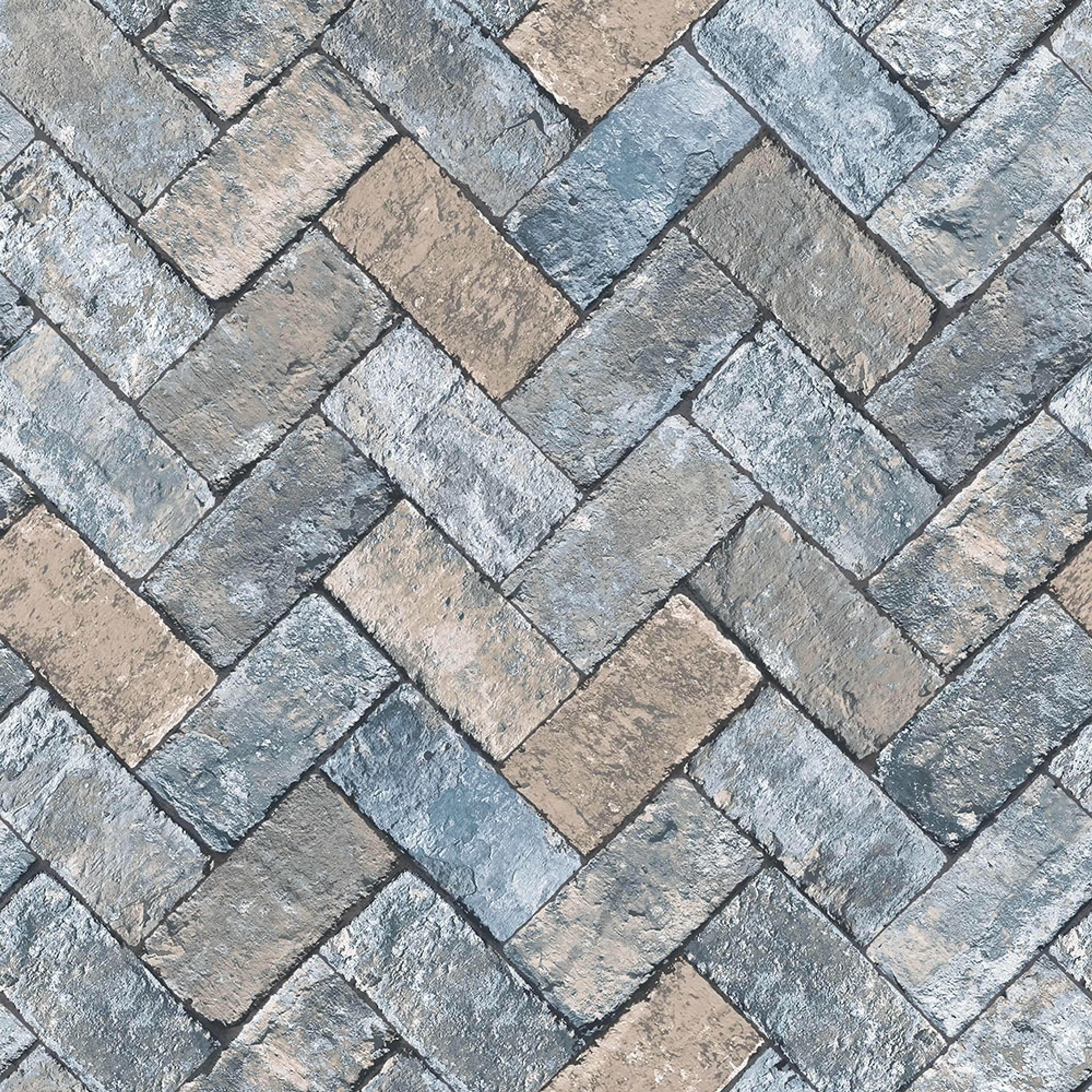 Herringbone Brick tapet i blå. Från kollektionen Just Kitchens. Nonwoven-material med rak passning.