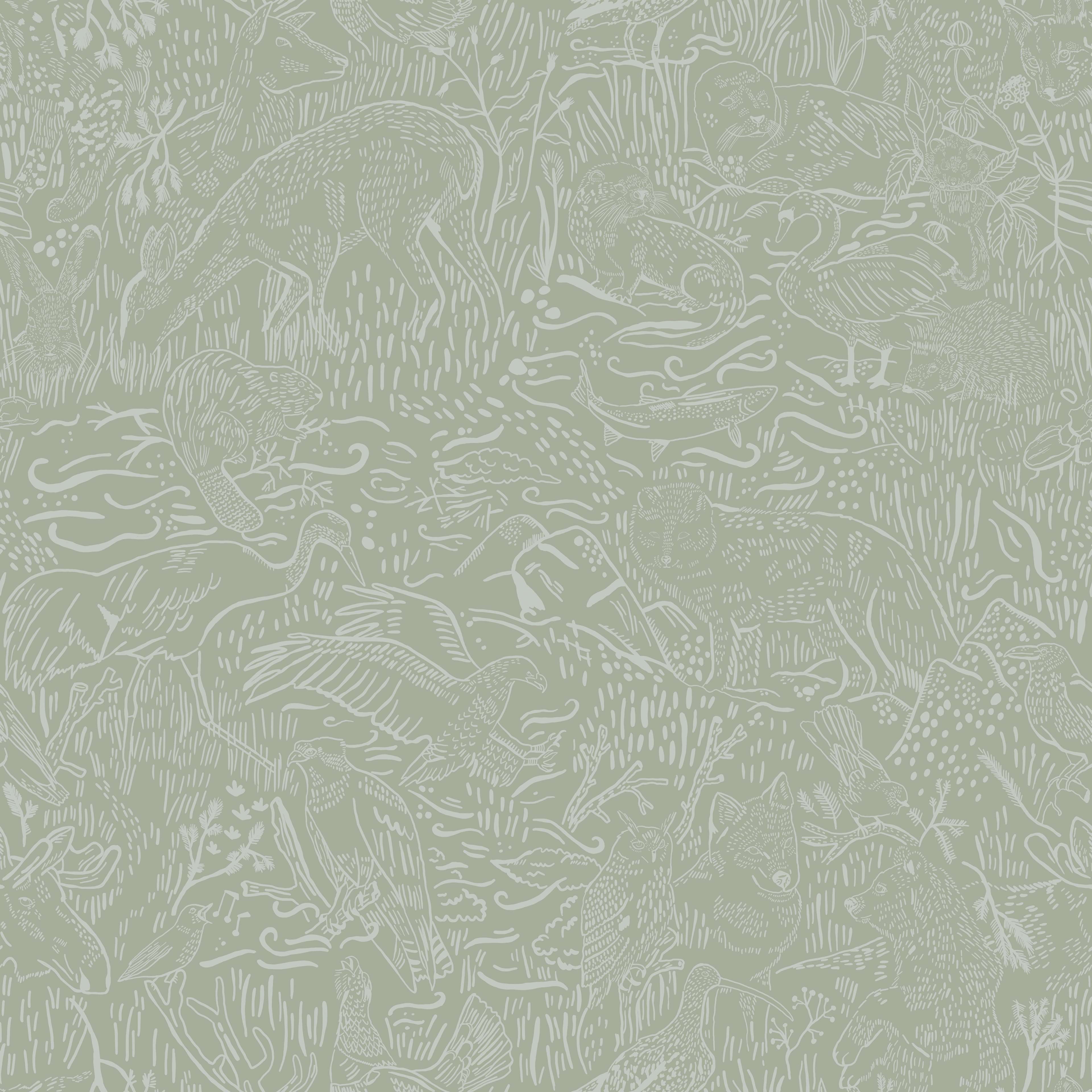 Klara o Tove landskapsdjur ljusgrön, tapet tapet med botaniskt mönster i grön. Från kollektionen Klara o Tove. Nonwoven-material med rak passning. Passar i vardagsrum, sovrum och hall.